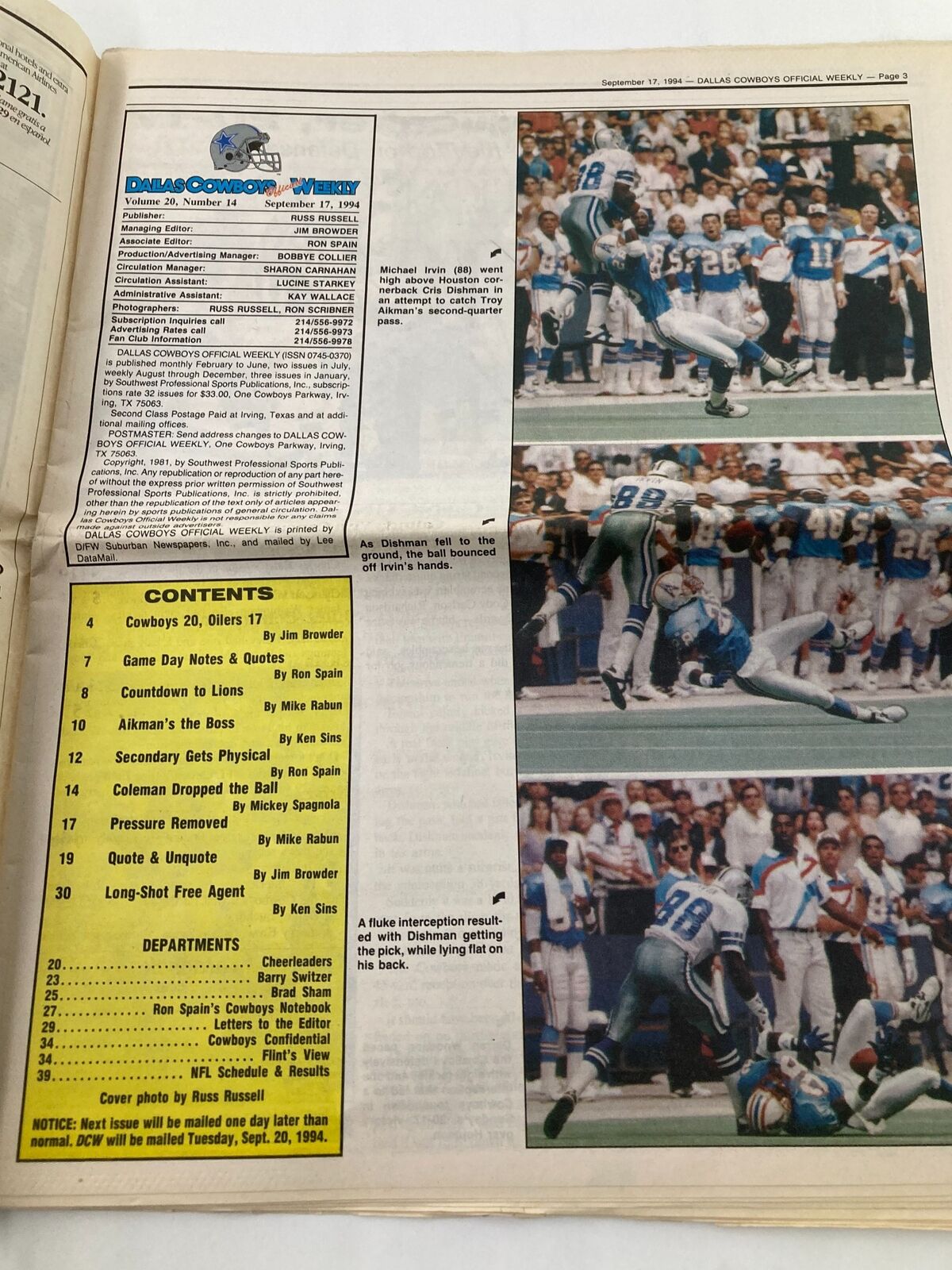 Dallas Cowboys Weekly Newspaper September 17 1994 Vol 20 #14 Chad Hennings