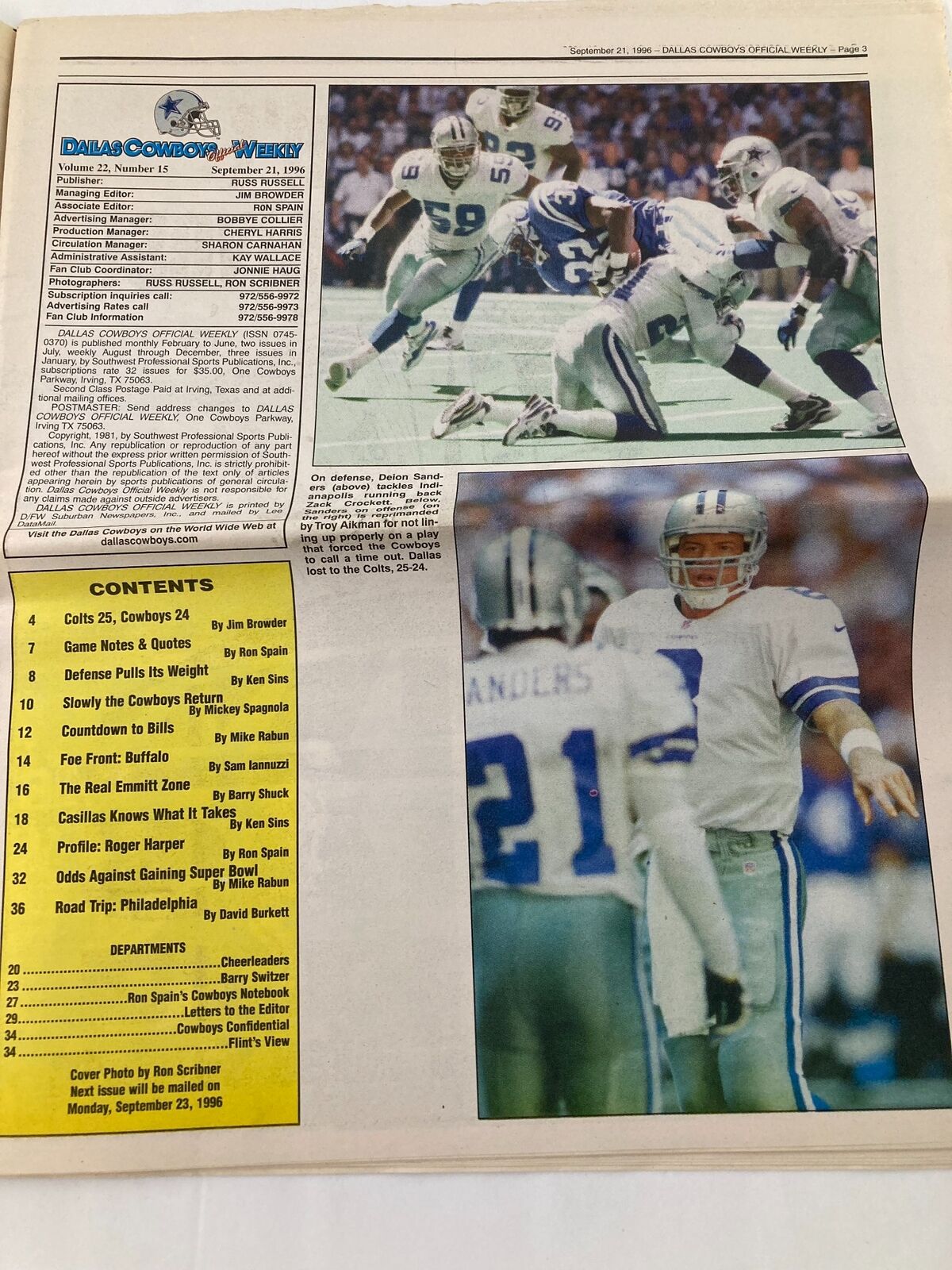 Dallas Cowboys Weekly Newspaper September 21 1996 Vol 22 #15 Eric Bjornson