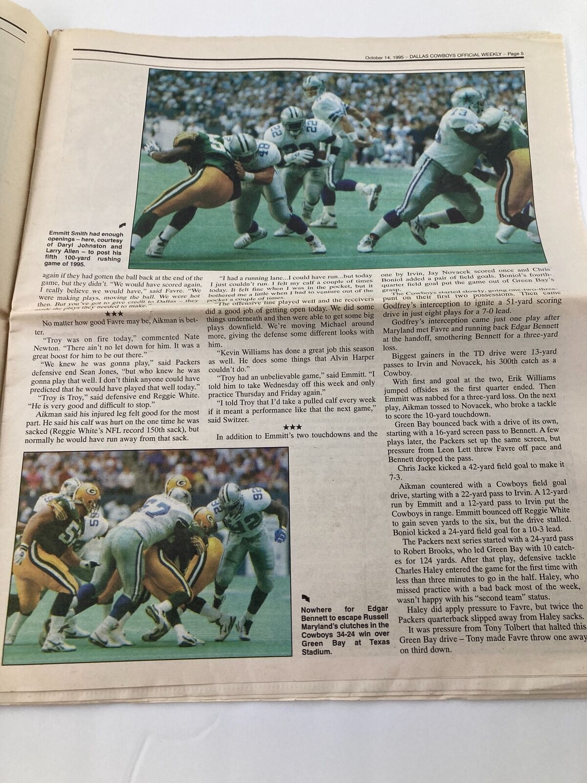 Dallas Cowboys Weekly Newspaper October 14 1995 Vol 21 #18 Michael Irvin