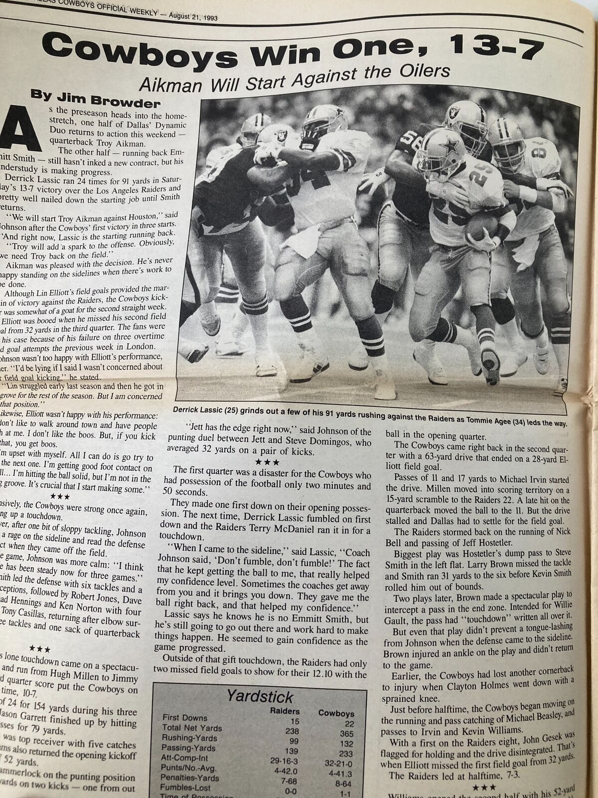 Dallas Cowboys Weekly Newspaper August 21 1993 Vol 19 #9 Melvin Evans