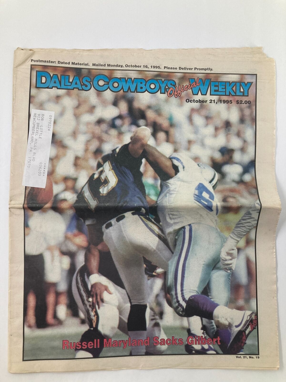 Dallas Cowboys Weekly Newspaper October 21 1995 Vol 21 #19 Russell Maryland