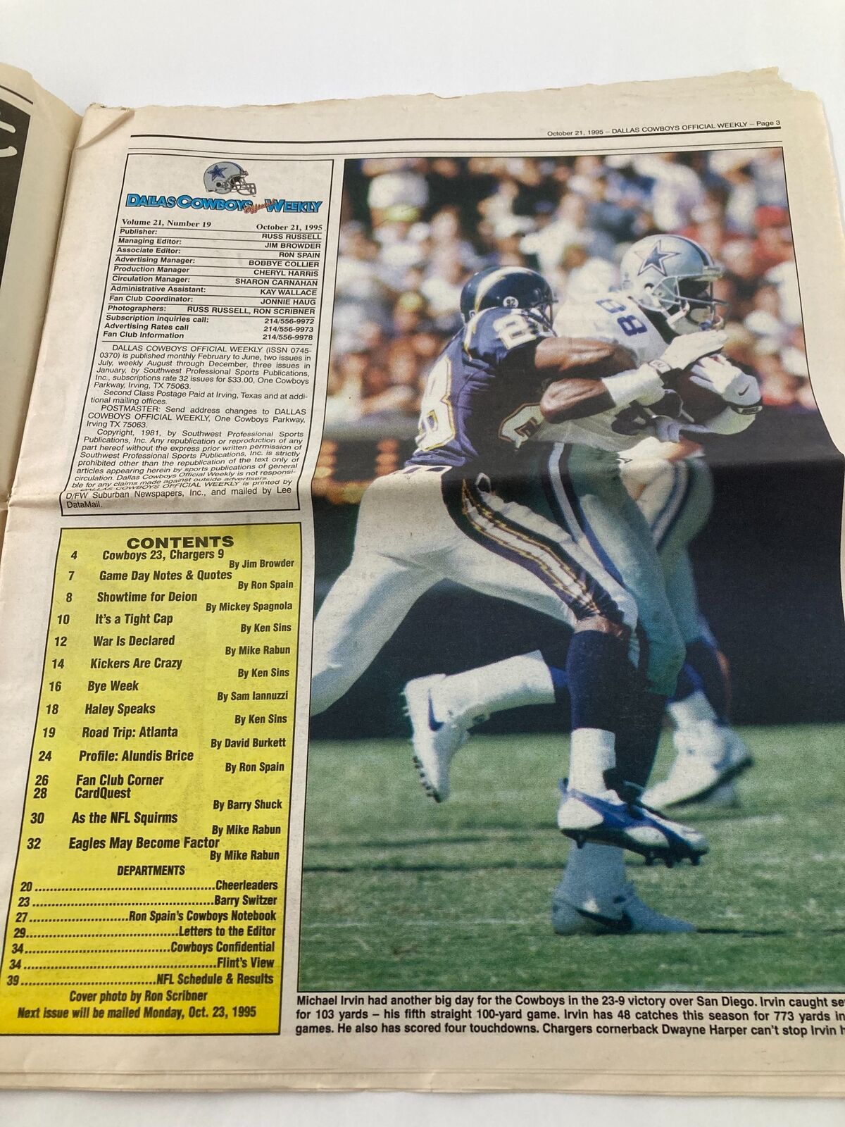 Dallas Cowboys Weekly Newspaper October 21 1995 Vol 21 #19 Russell Maryland