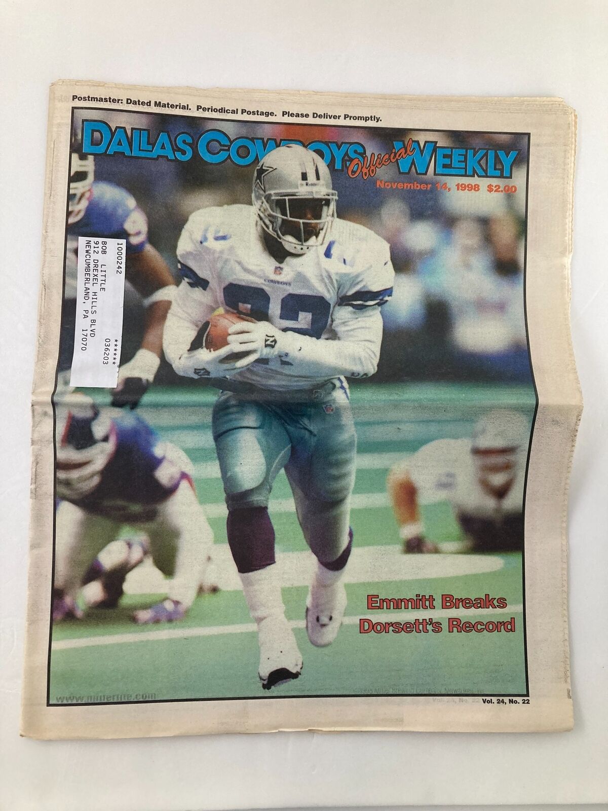 Dallas Cowboys Weekly Newspaper November 14 1998 Vol 24 #22 Emmitt Smith