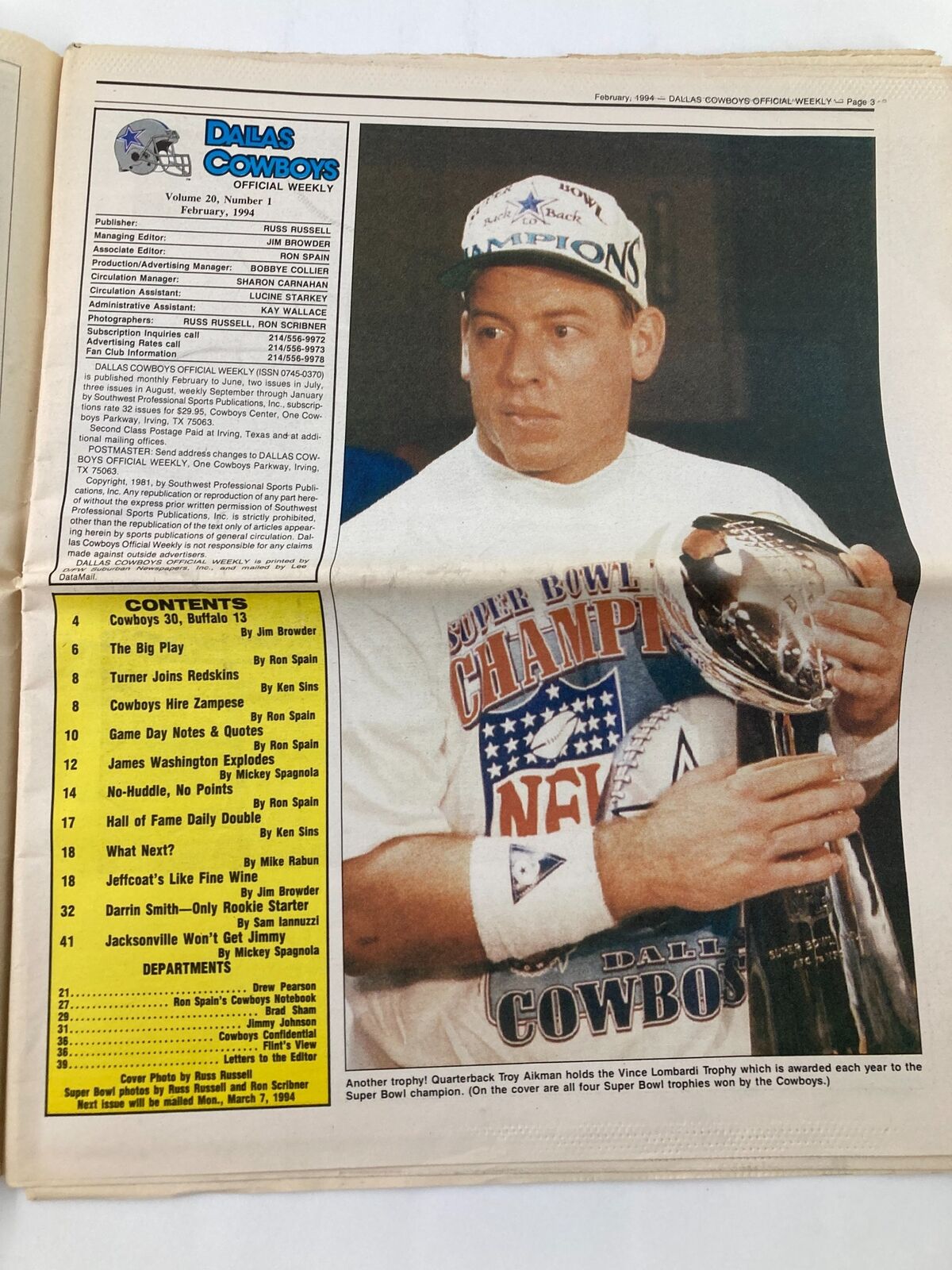 Dallas Cowboys Weekly Newspaper February 1994 Vol 20 #1 Quarterback Troy Aikman