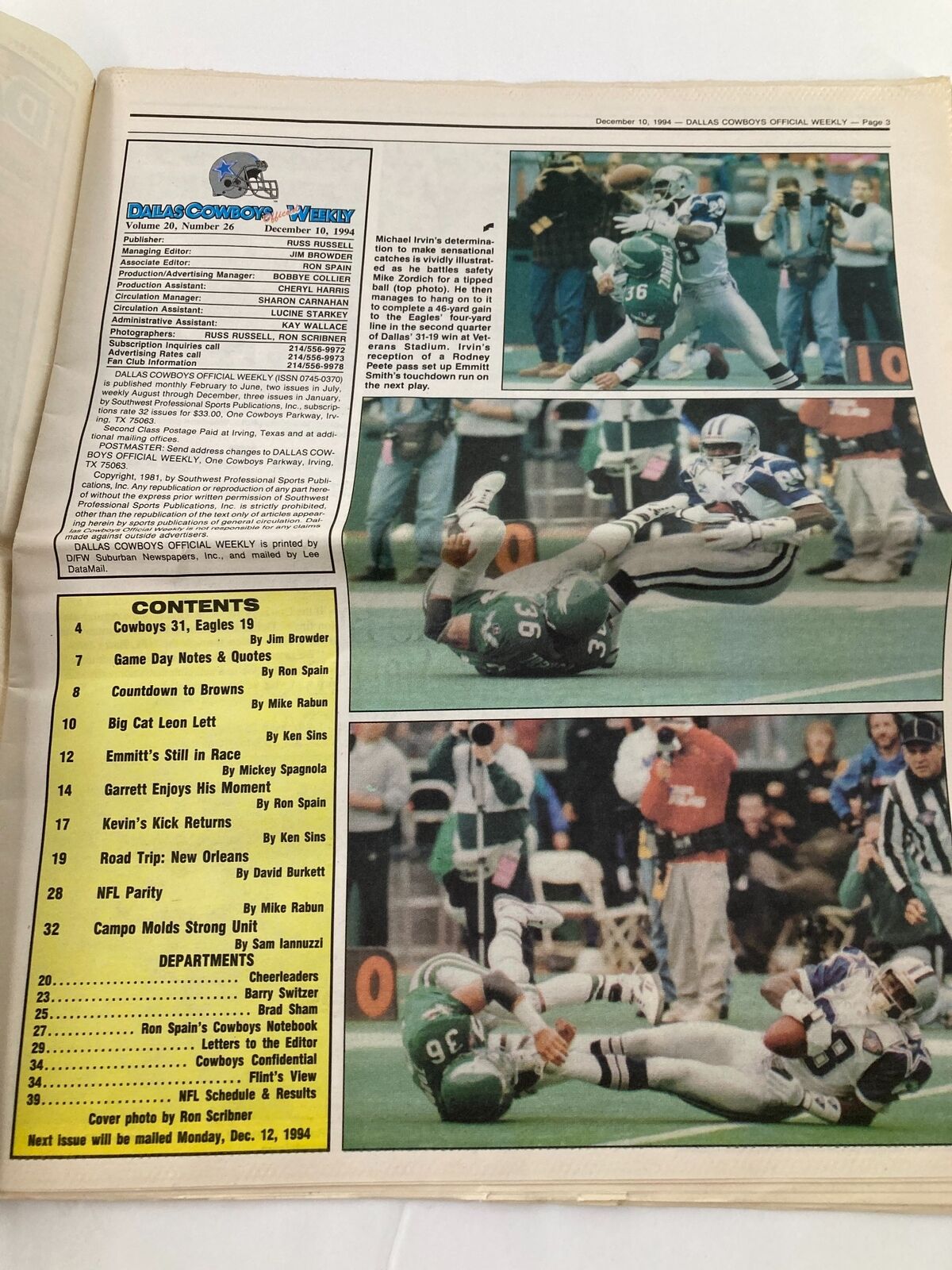 Dallas Cowboys Weekly Newspaper December 10 1994 Vol 20 #26 Michael Irvin