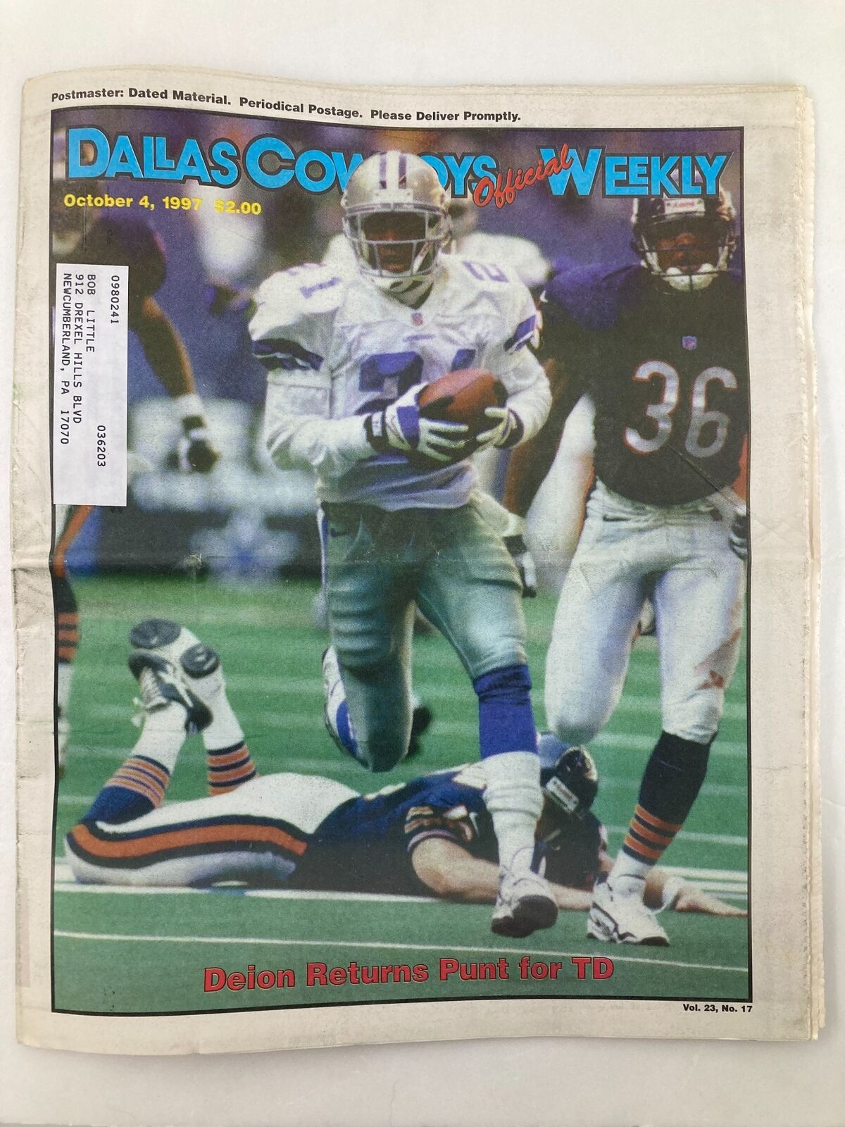 Dallas Cowboys Weekly Newspaper October 4 1997 Vol 23 #17 Deion Sanders