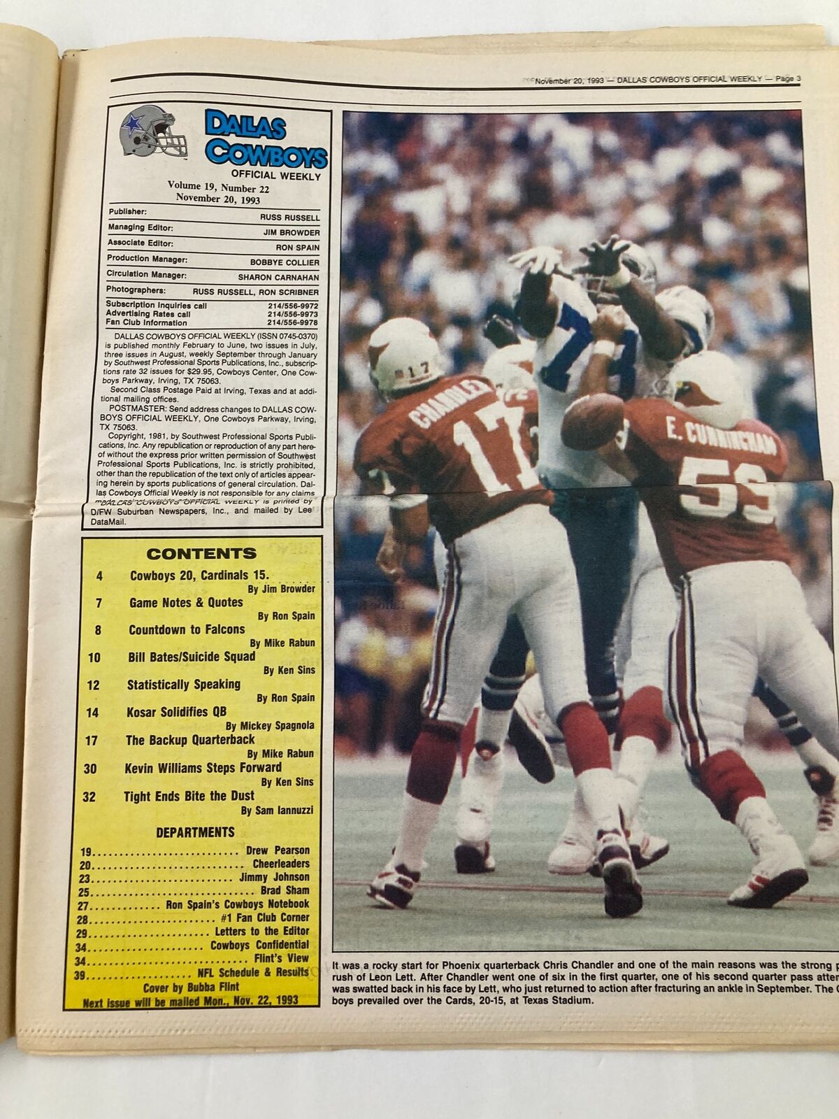 Dallas Cowboys Weekly Newspaper November 20 1993 Vol 19 #22 Chris Chandler