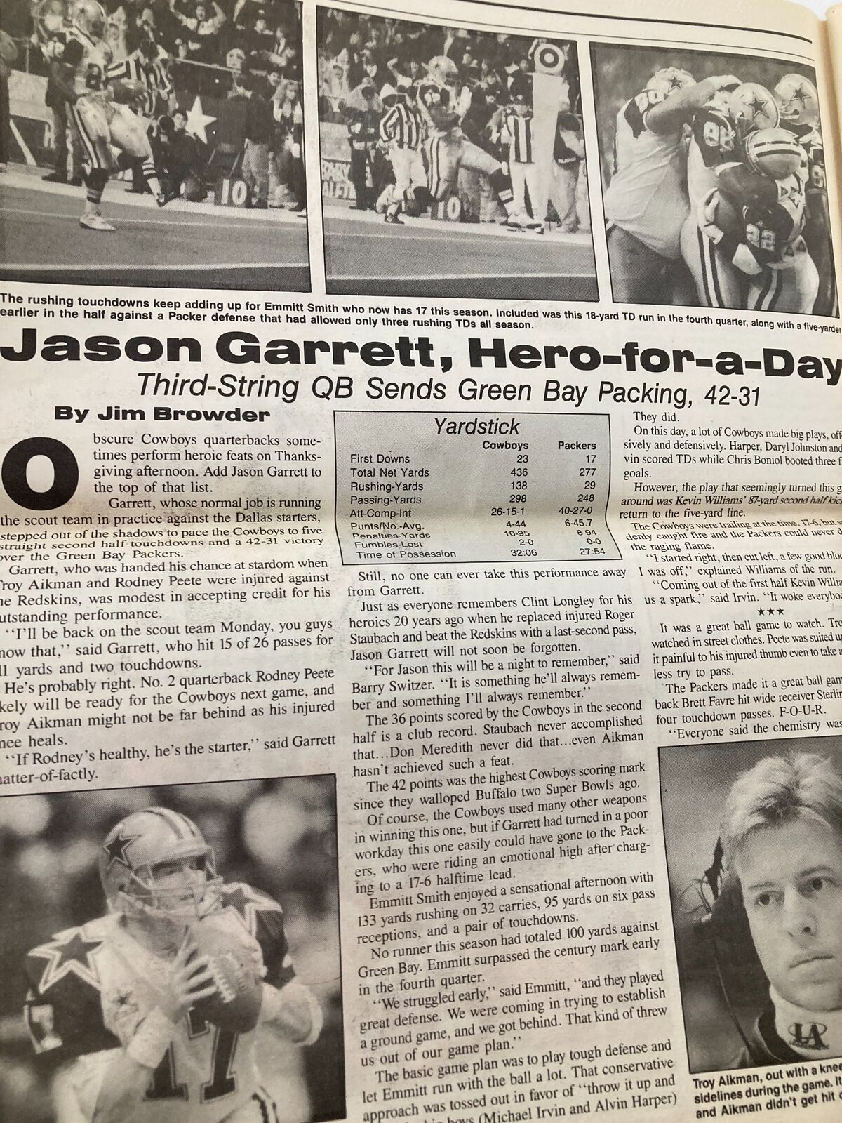 Dallas Cowboys Weekly Newspaper December 3 1994 Vol 20 #25 Jason Garrett