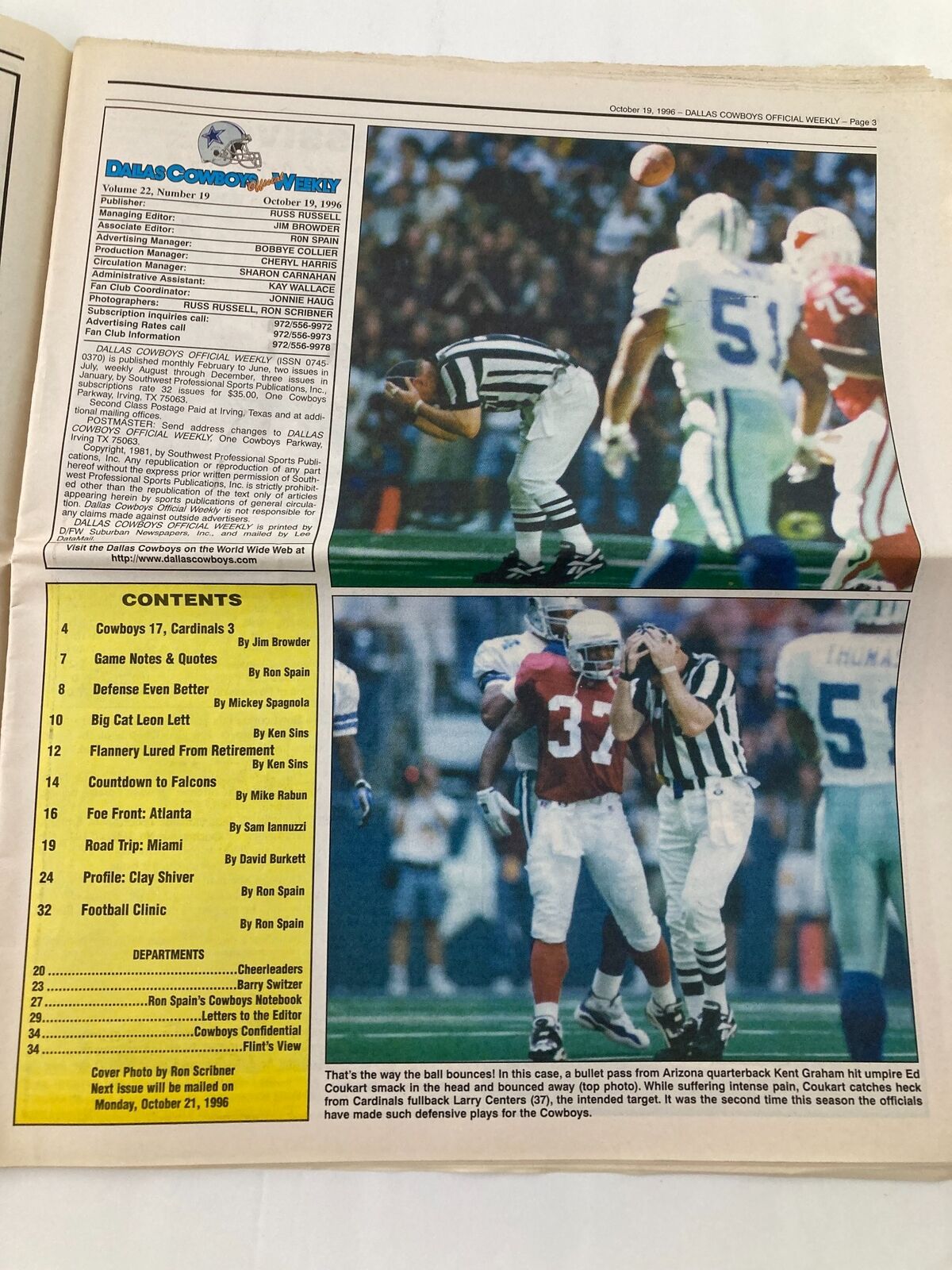 Dallas Cowboys Weekly Newspaper October 19 1996 Vol 22 #19 Tony Tolbert