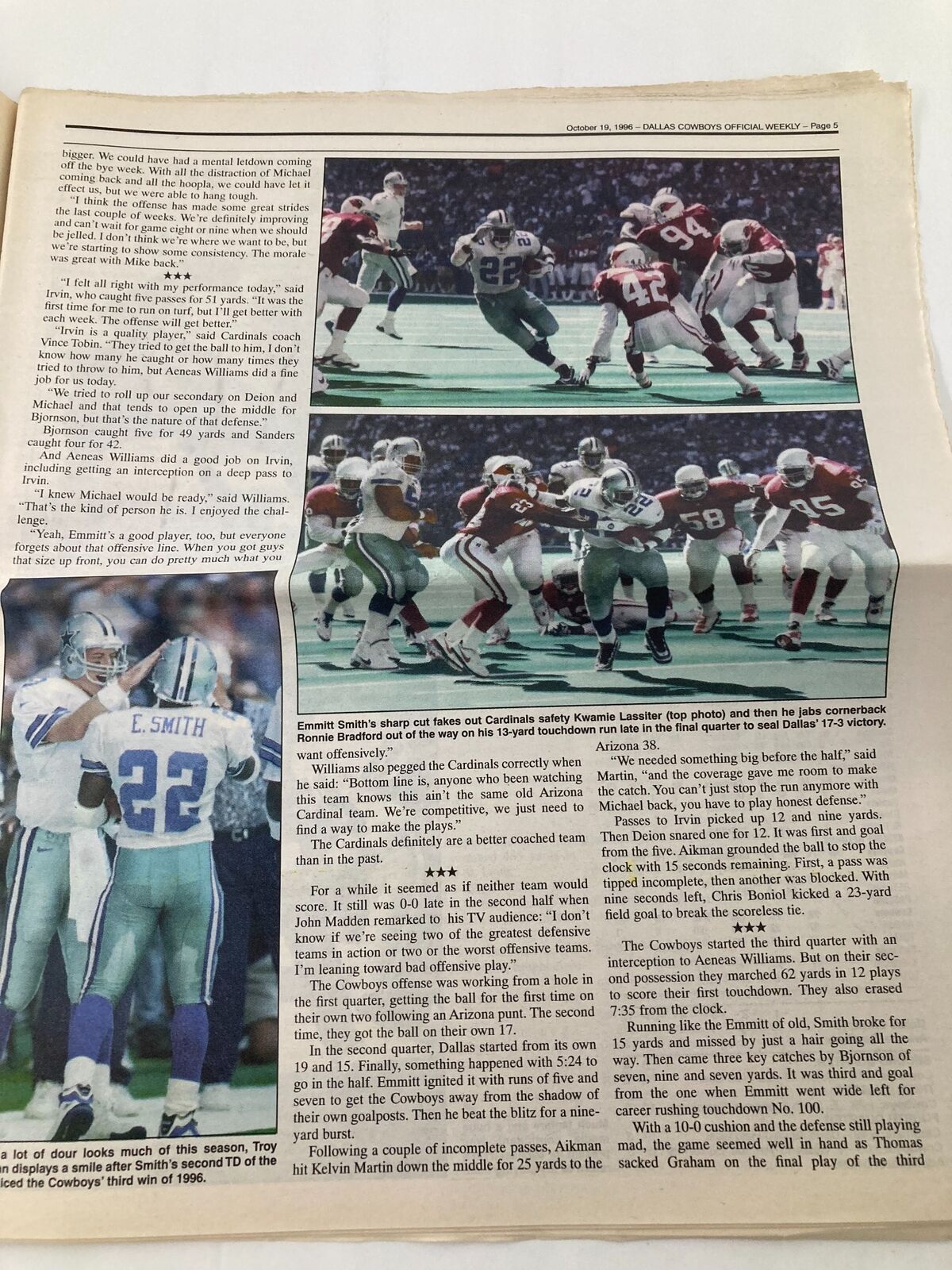 Dallas Cowboys Weekly Newspaper October 19 1996 Vol 22 #19 Tony Tolbert