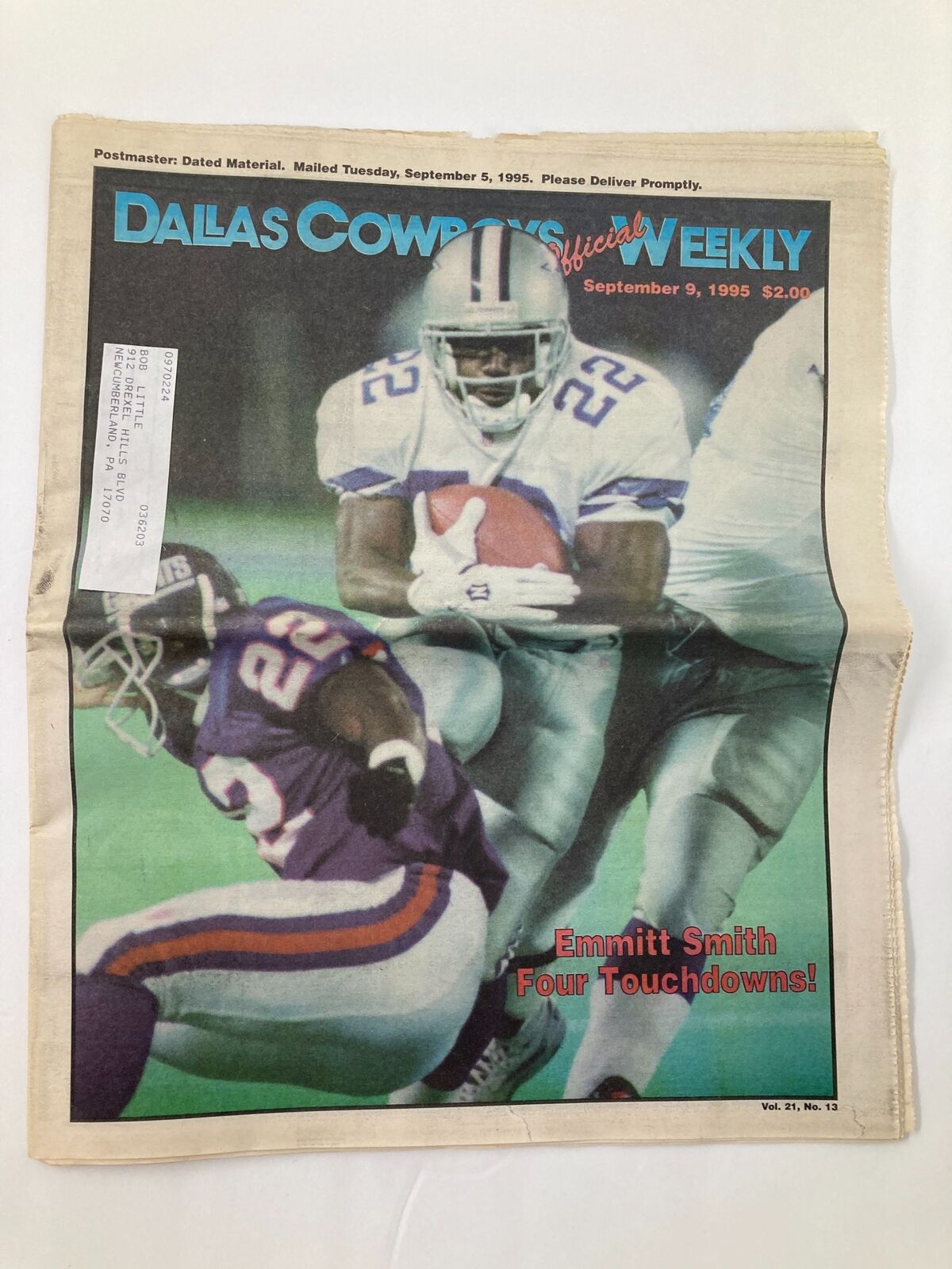 Dallas Cowboys Weekly Newspaper September 9 1995 Vol 21 #13 Emmitt Smith