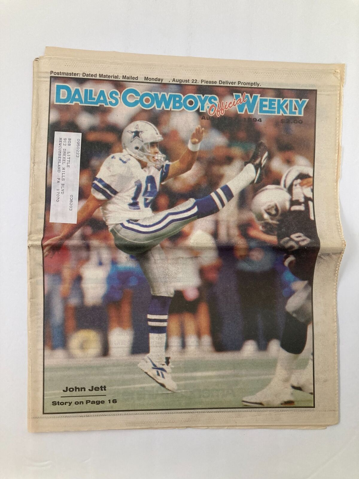 Dallas Cowboys Weekly Newspaper August 27 1994 Vol 20 #11 John Jett