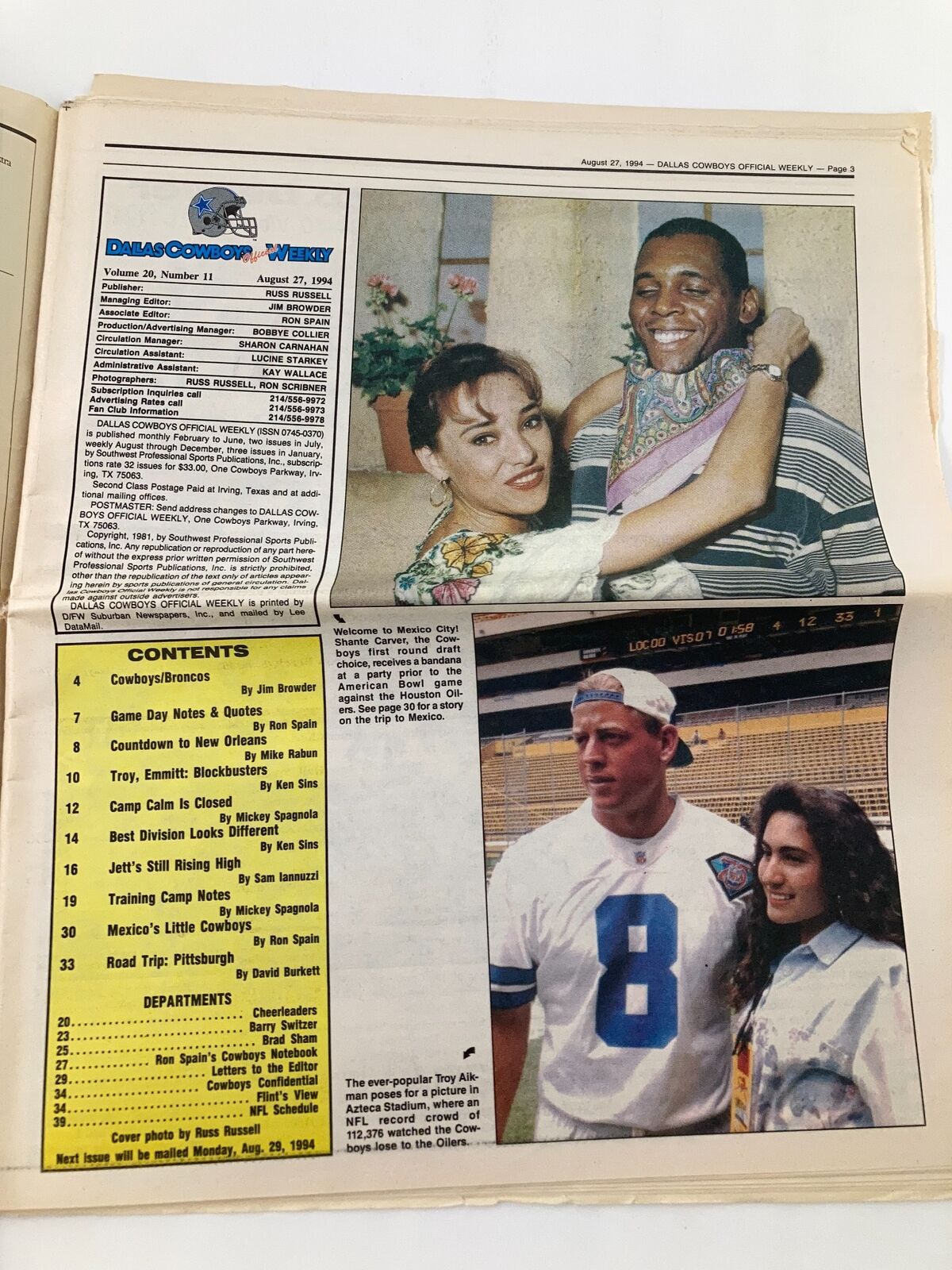 Dallas Cowboys Weekly Newspaper August 27 1994 Vol 20 #11 John Jett