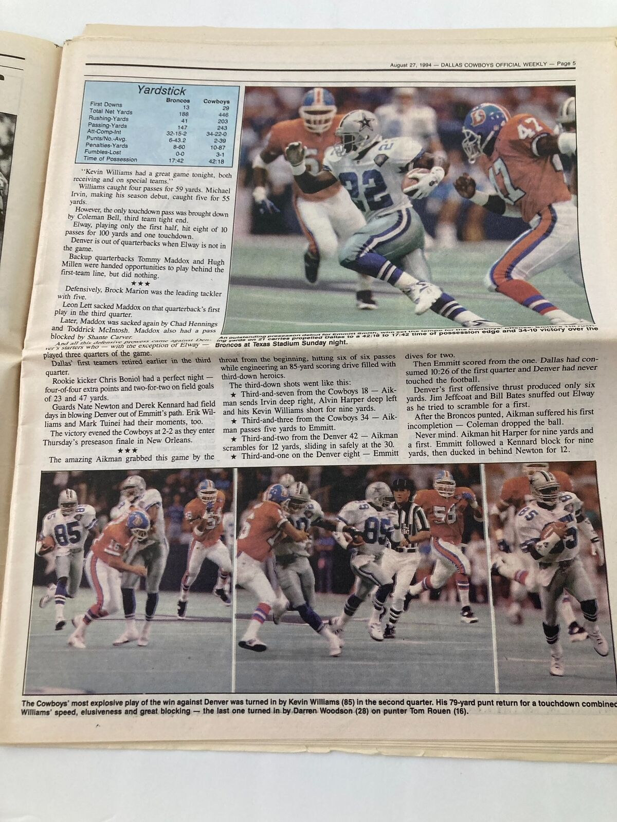 Dallas Cowboys Weekly Newspaper August 27 1994 Vol 20 #11 John Jett