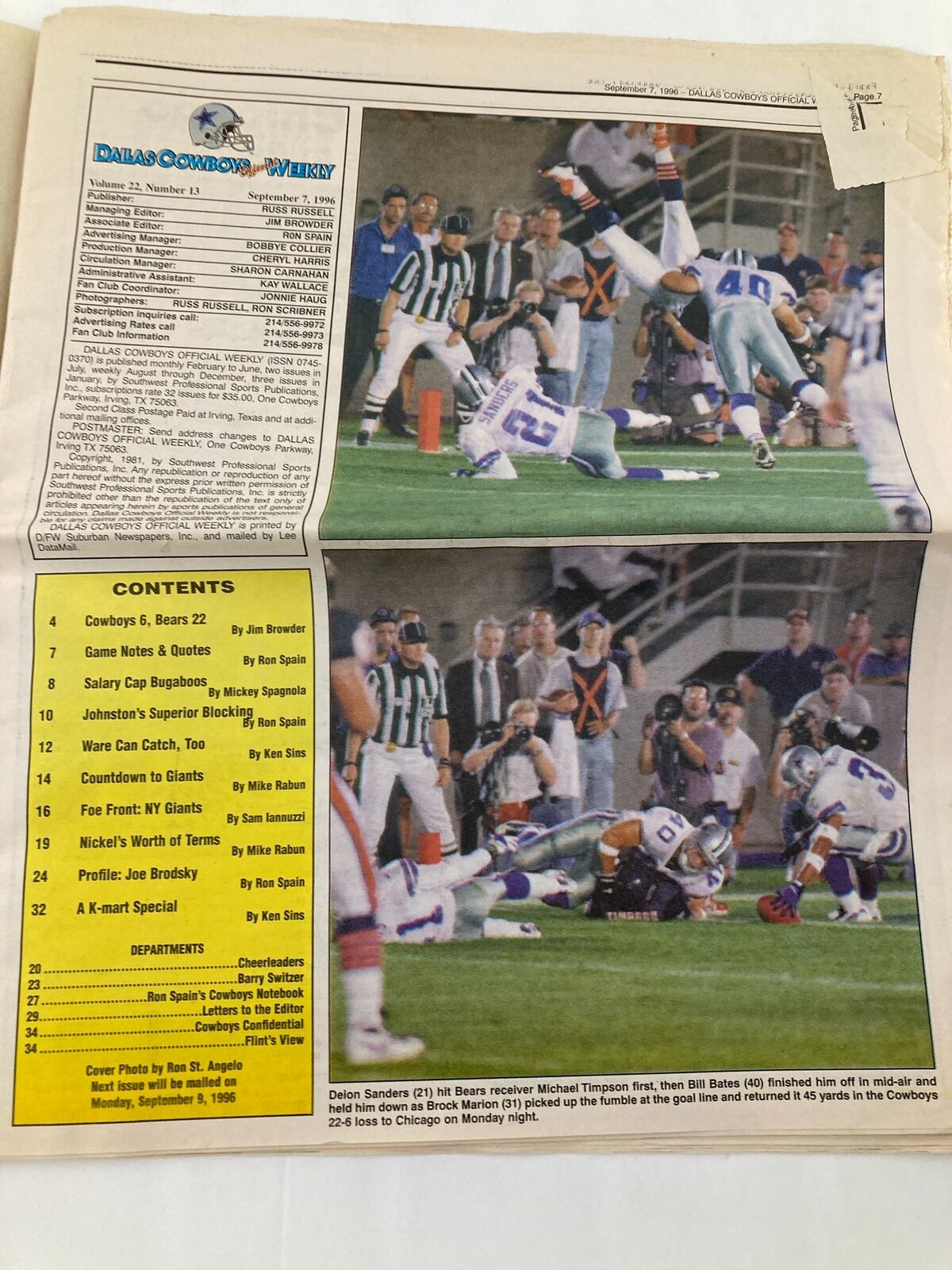 Dallas Cowboys Weekly Newspaper September 7 1996 Vol 22 #13 Deion Sanders