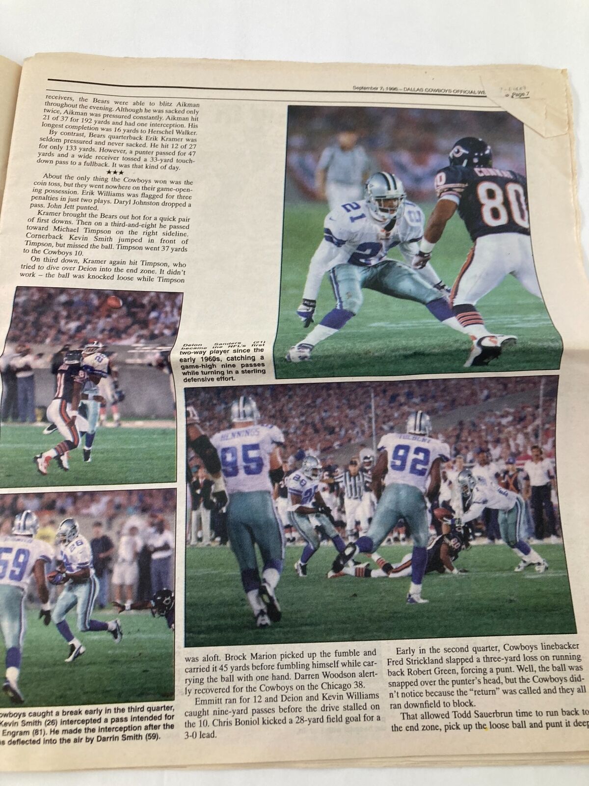 Dallas Cowboys Weekly Newspaper September 7 1996 Vol 22 #13 Deion Sanders