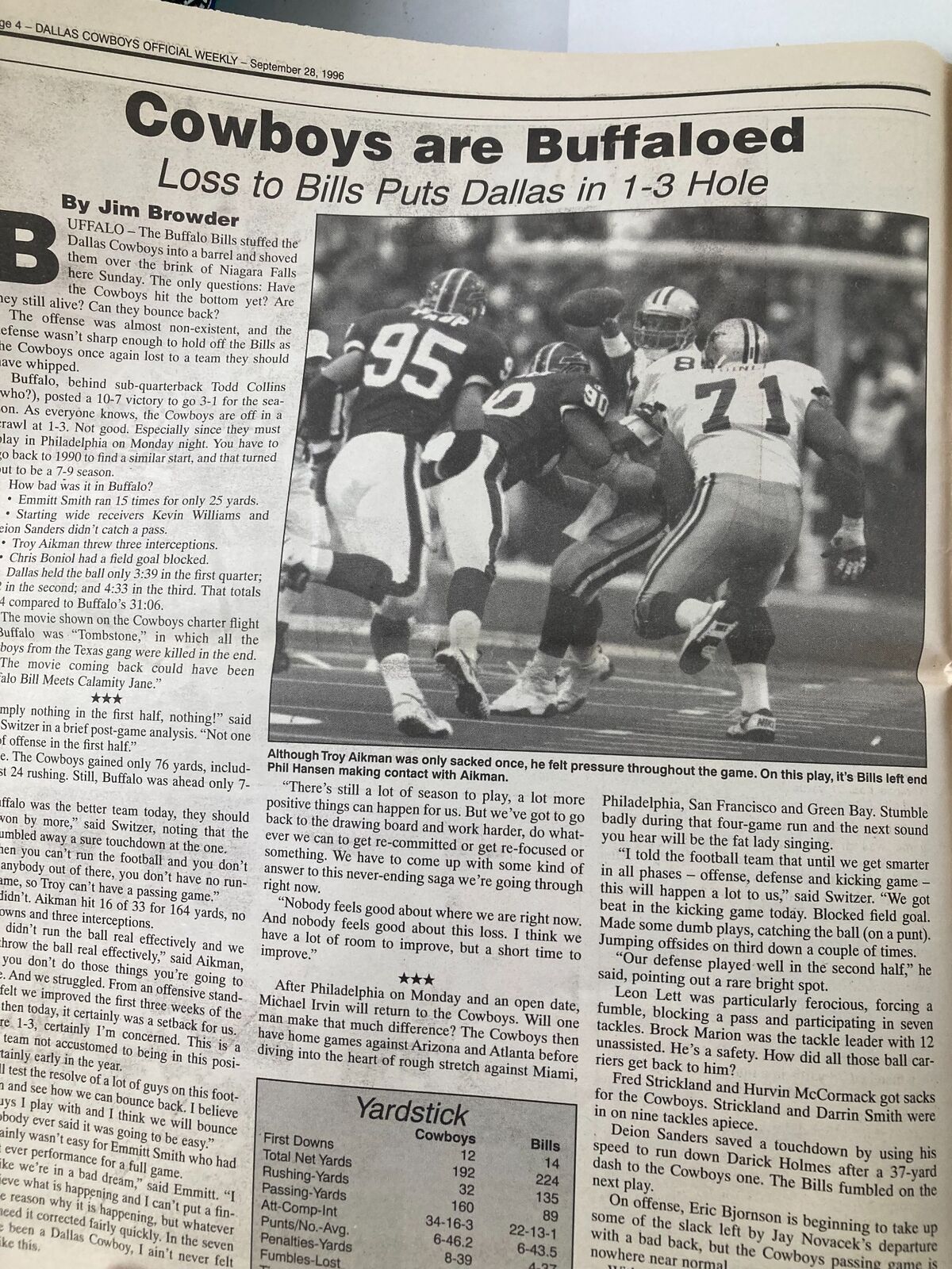 Dallas Cowboys Weekly Newspaper September 28 1996 Vol 22 #16 Leon Lett