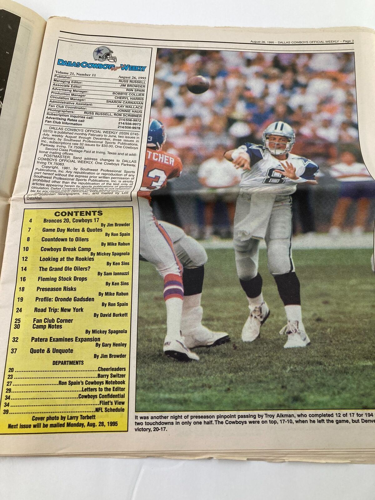 Dallas Cowboys Weekly Newspaper August 26 1995 Vol 21 #11 Chad Hennings