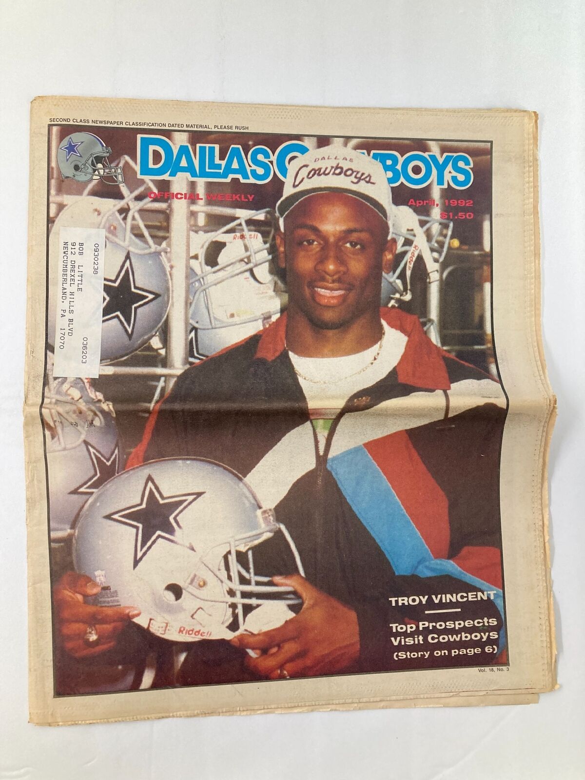 Dallas Cowboys Weekly Newspaper April 1992 Vol 18 #3 Troy Vincent