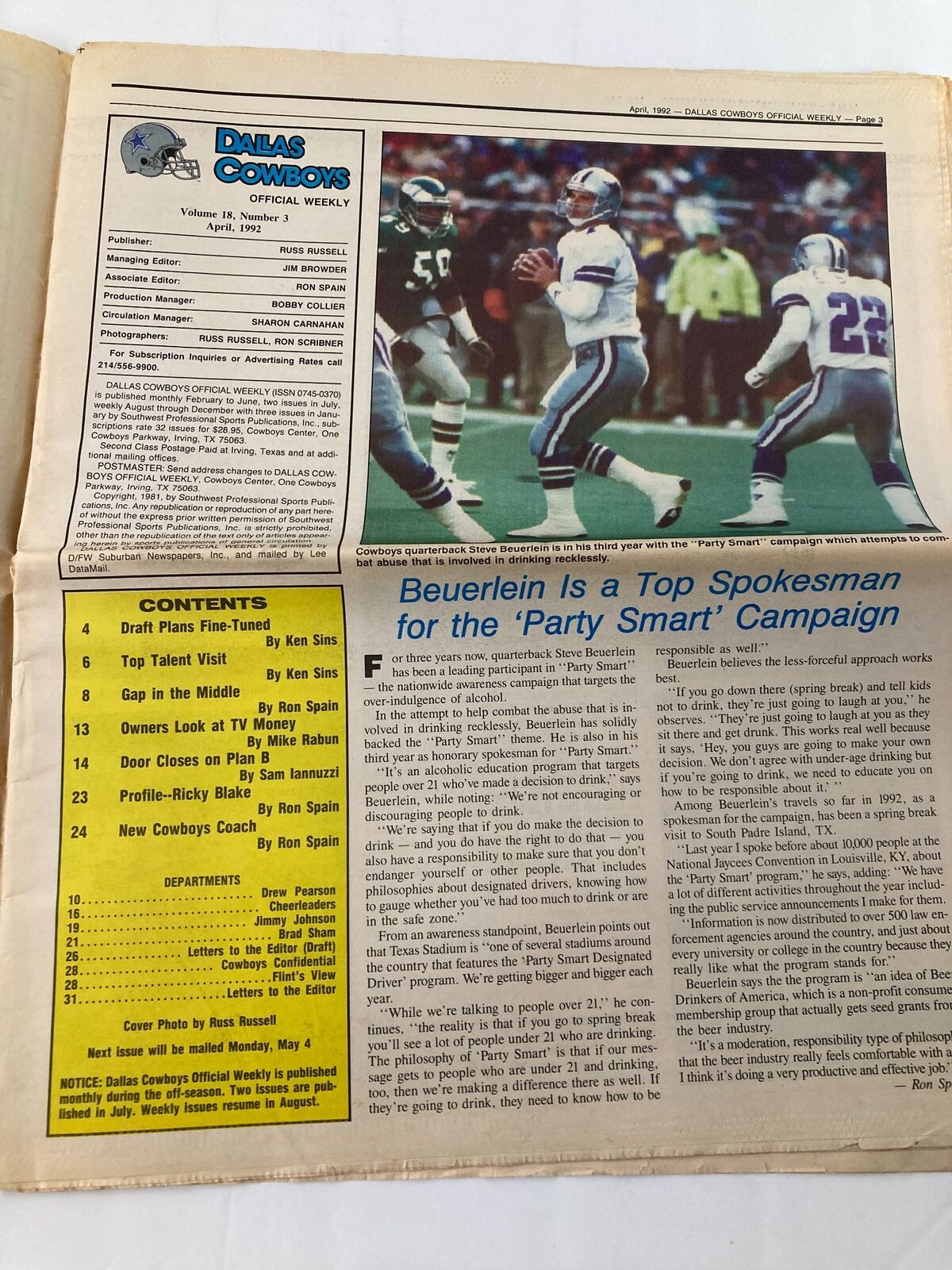 Dallas Cowboys Weekly Newspaper April 1992 Vol 18 #3 Troy Vincent