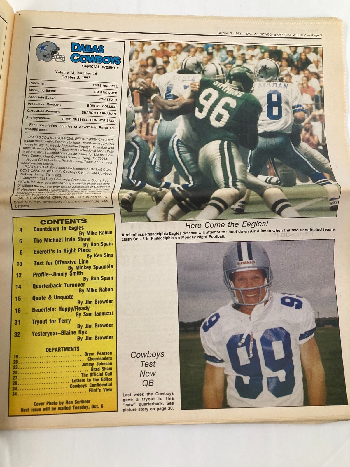 Dallas Cowboys Weekly Newspaper October 3 1992 Vol 18 #16 Troy Aikman