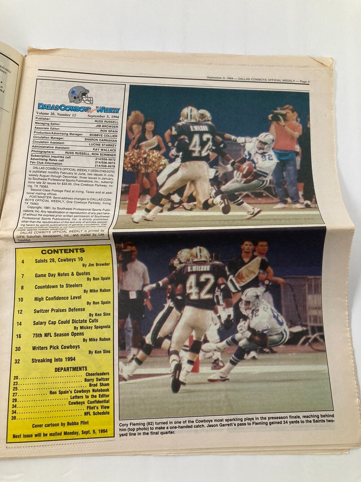 Dallas Cowboys Weekly Newspaper September 3 1994 Vol 20 #12 Cory Fleming