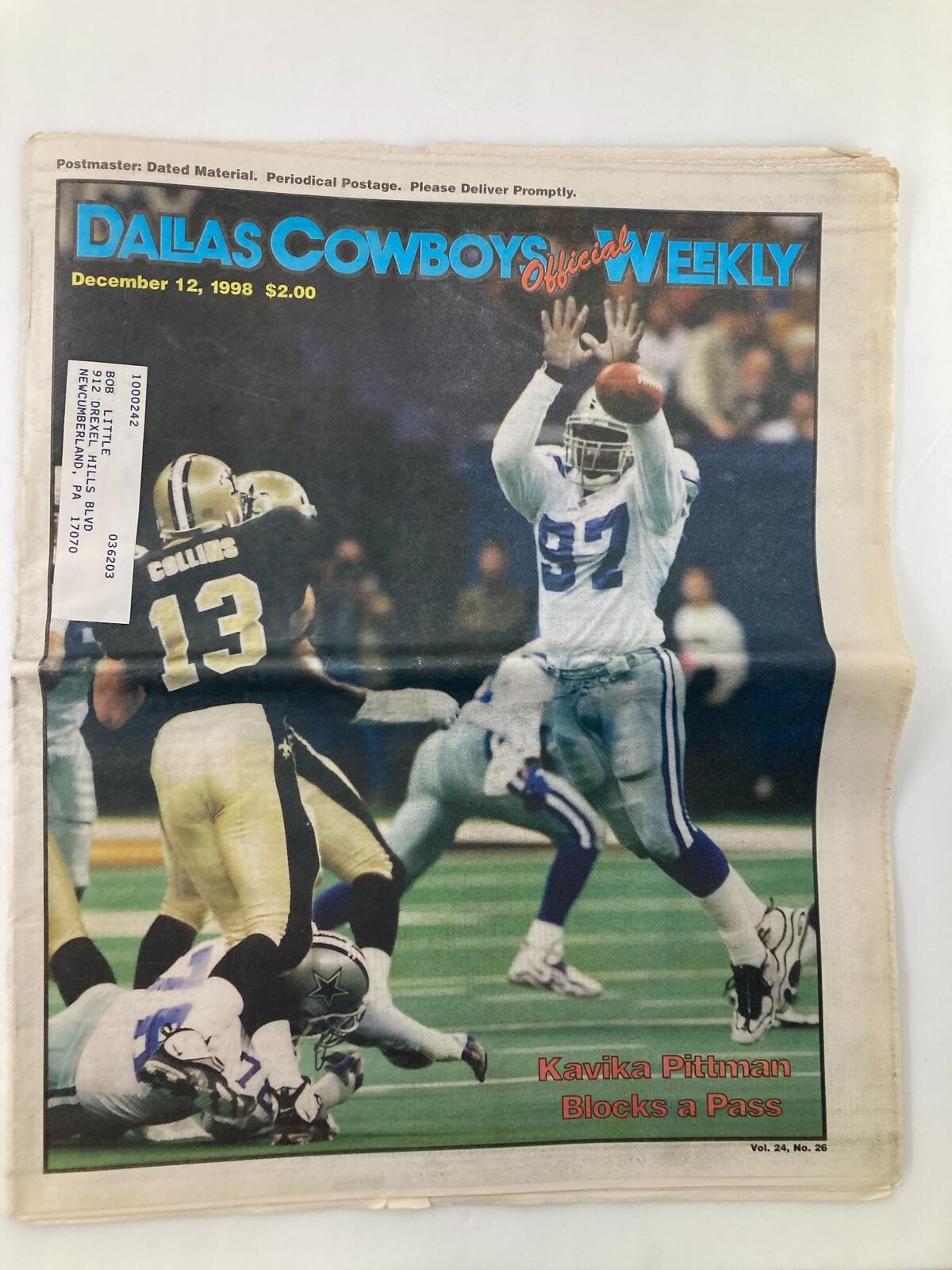 Dallas Cowboys Weekly Newspaper December 12 1998 Vol 24 #26 Kavika Pittman