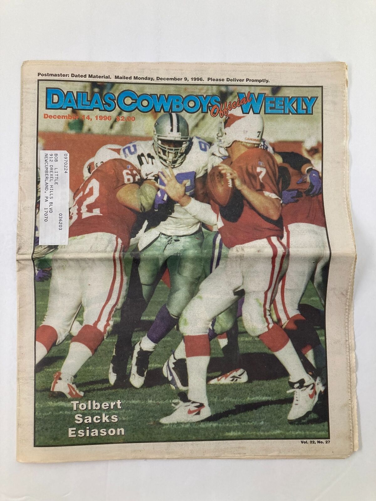 Dallas Cowboys Weekly Newspaper December 14 1996 Vol 22 #27 Tony Tolbert