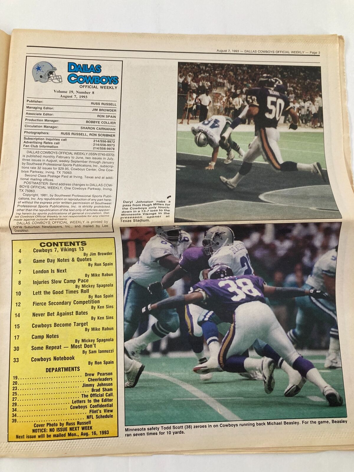 Dallas Cowboys Weekly Newspaper August 7 1993 Vol 19 #8 Daryl Johnston