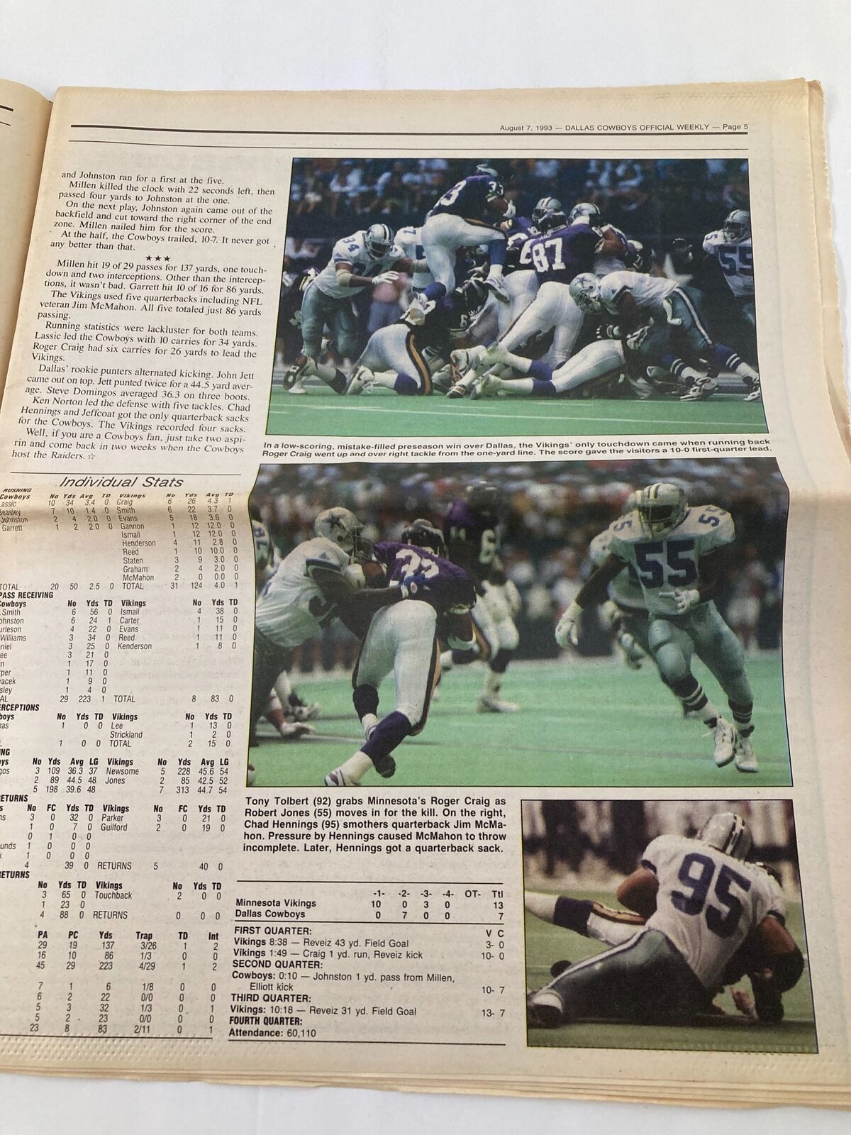 Dallas Cowboys Weekly Newspaper August 7 1993 Vol 19 #8 Daryl Johnston