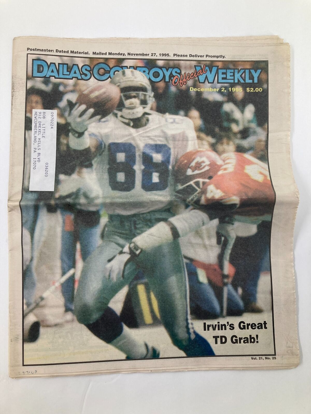 Dallas Cowboys Weekly Newspaper December 2 1995 Vol 21 #25 Michael Irvin