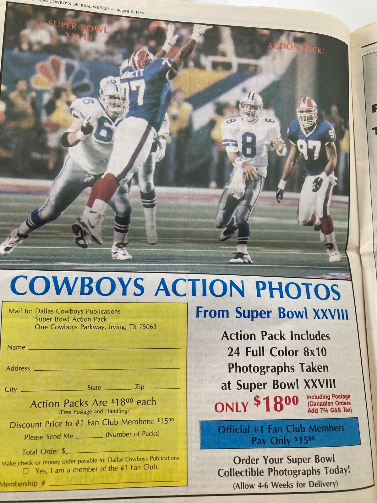 Dallas Cowboys Weekly Newspaper August 6 1994 Vol 20 #8 James Washington