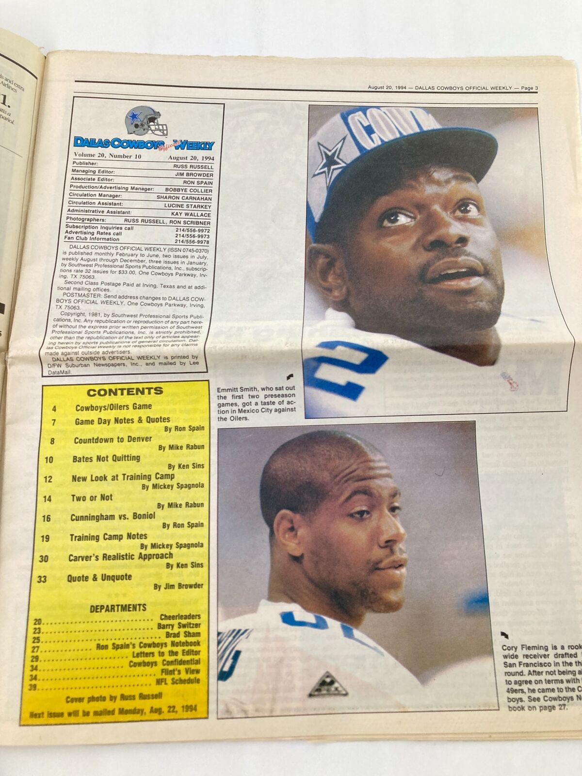 Dallas Cowboys Weekly Newspaper August 20 1994 Vol 20 #10 Bill Bates, Emmitt S.