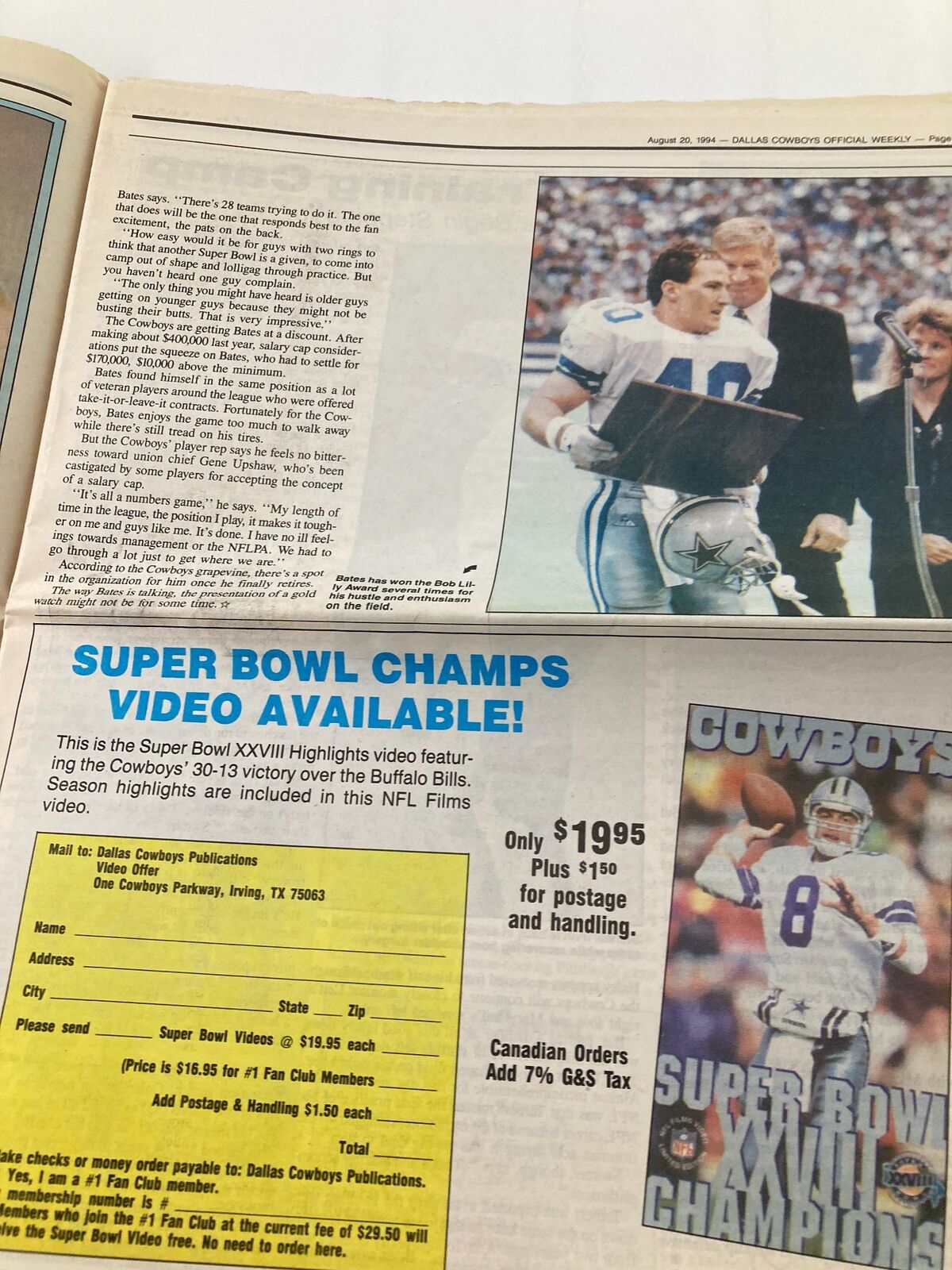 Dallas Cowboys Weekly Newspaper August 20 1994 Vol 20 #10 Bill Bates, Emmitt S.