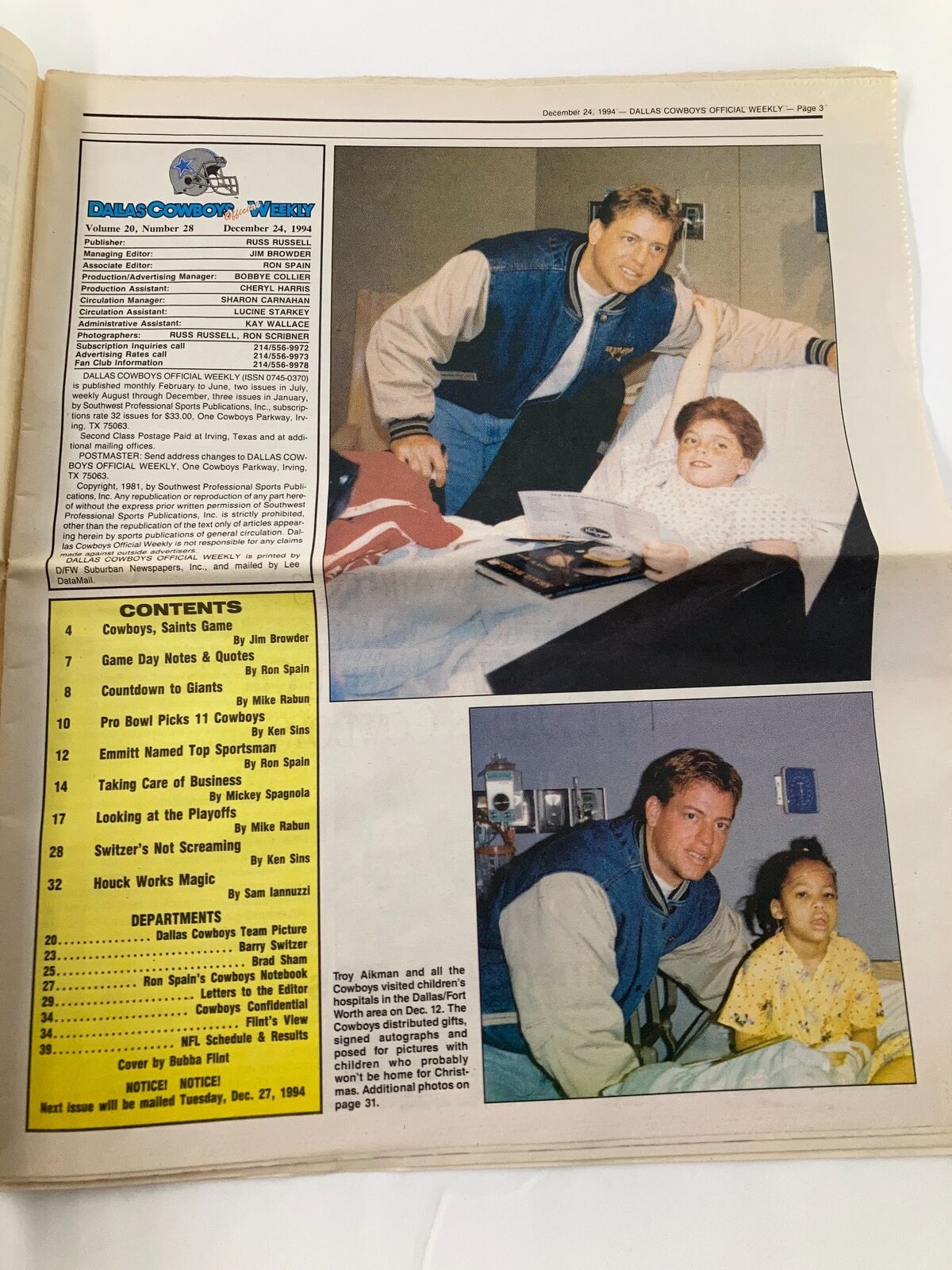 Dallas Cowboys Weekly Newspaper December 24 1994 Vol 20 #28 Troy Aikman