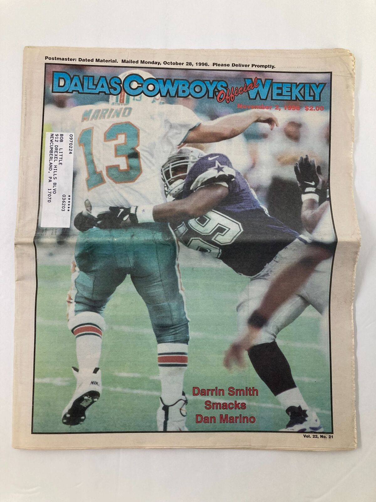 Dallas Cowboys Weekly Newspaper November 2 1996 Vol 22 #21 Darrin Smith