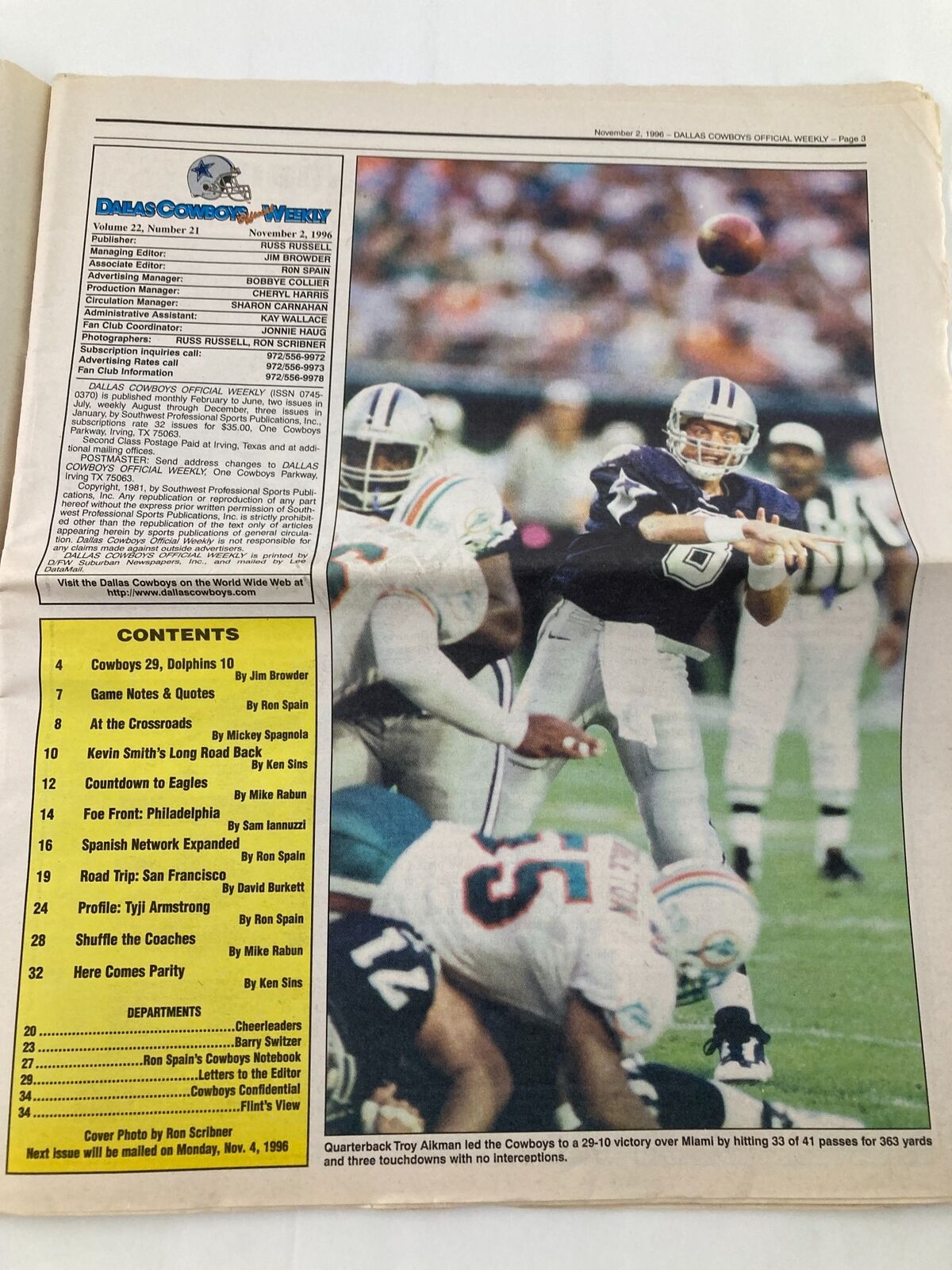 Dallas Cowboys Weekly Newspaper November 2 1996 Vol 22 #21 Darrin Smith