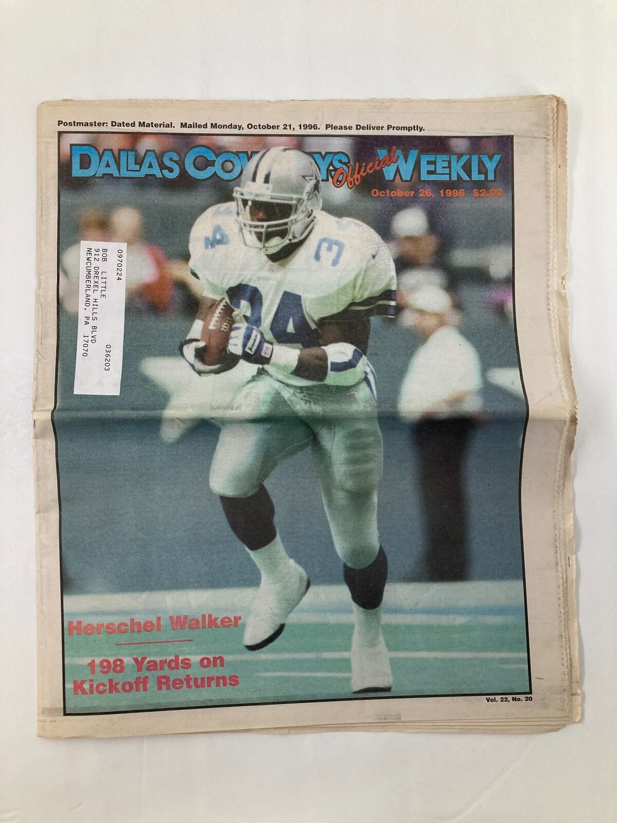 Dallas Cowboys Weekly Newspaper October 26 1996 Vol 22 #20 Herschel Walker