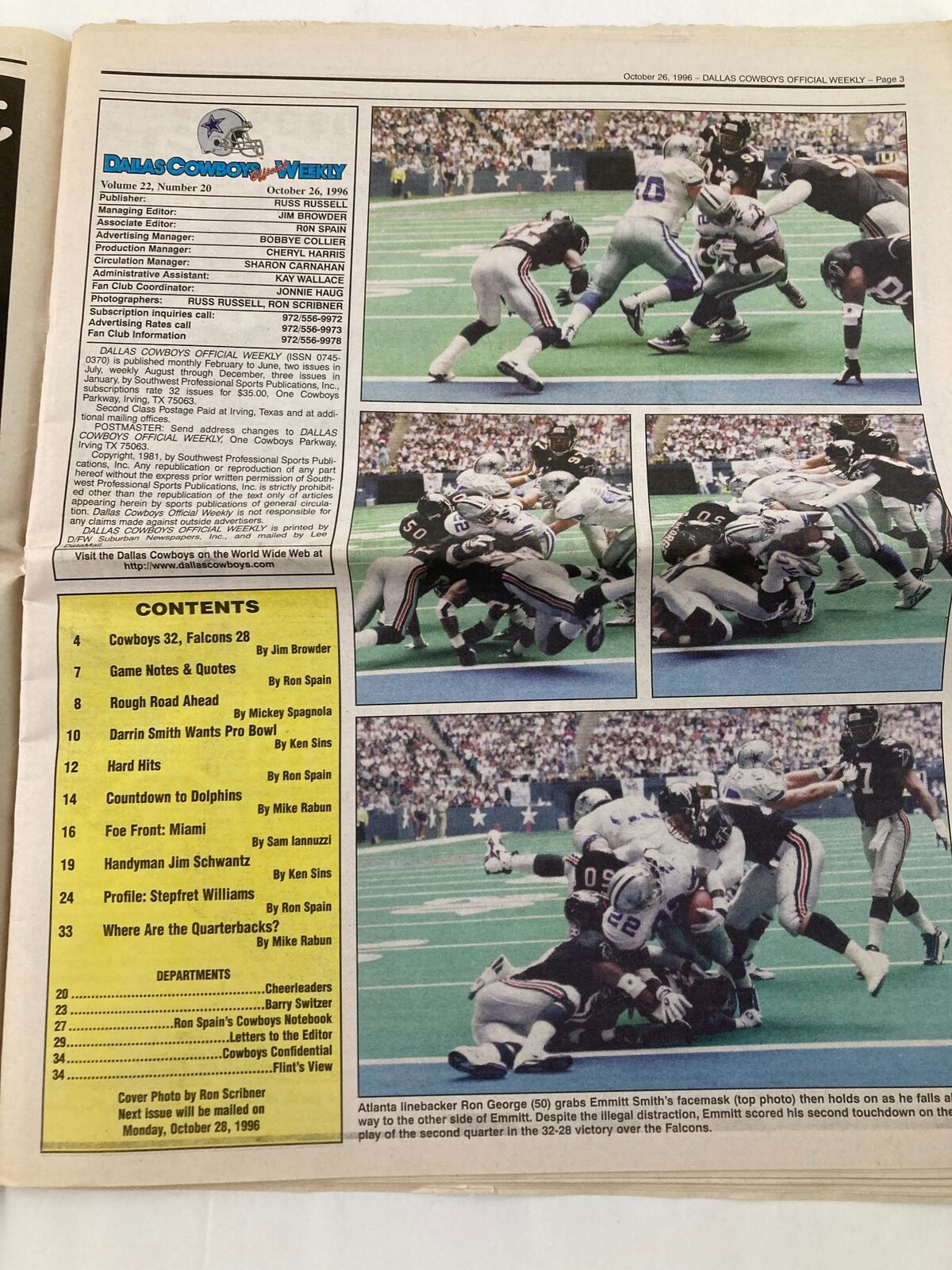 Dallas Cowboys Weekly Newspaper October 26 1996 Vol 22 #20 Herschel Walker