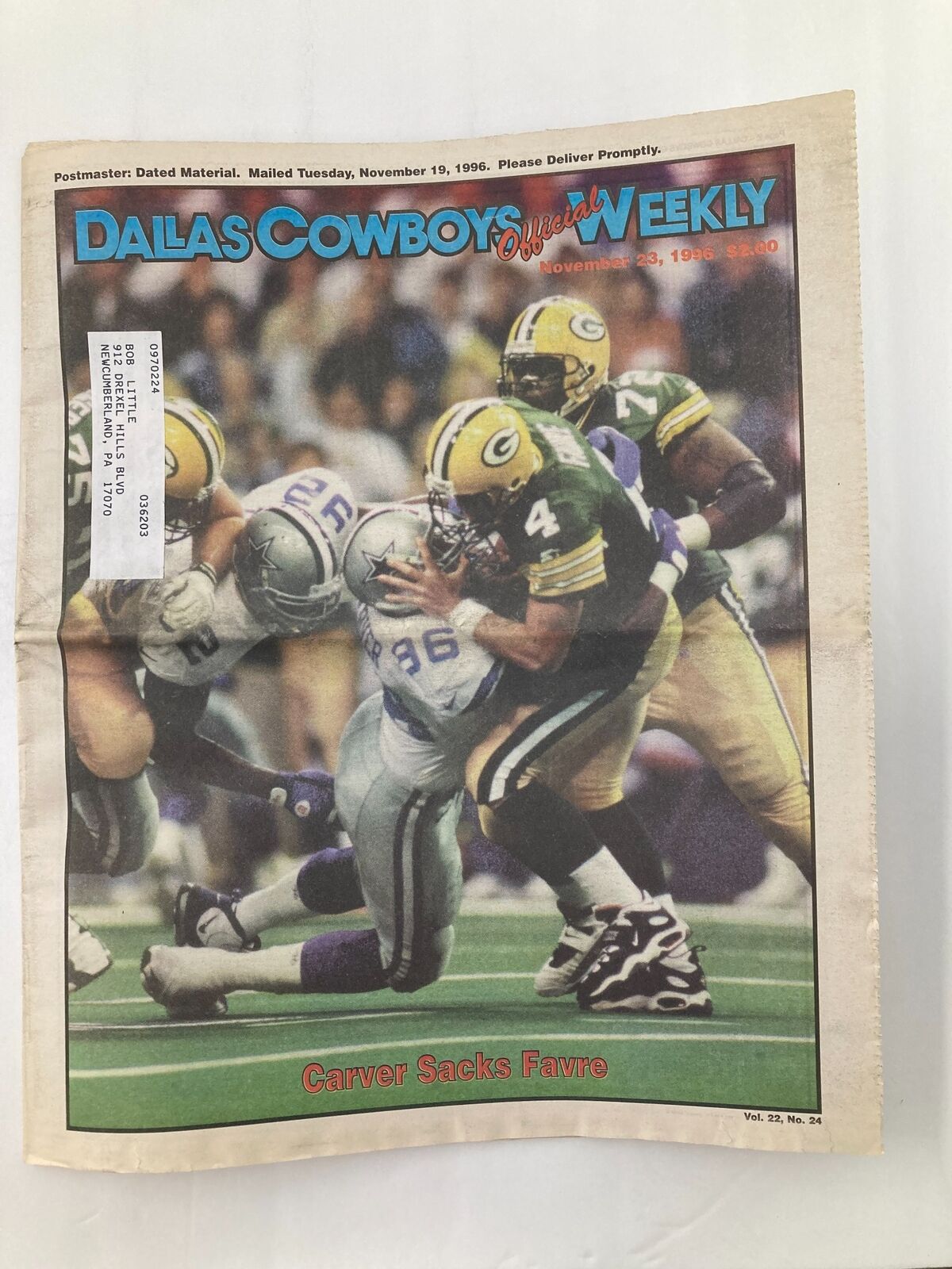 Dallas Cowboys Weekly Newspaper November 23 1996 Vol 22 #24 Carver Sacks Favre