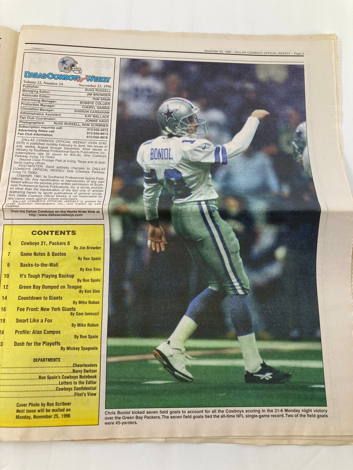 Dallas Cowboys Weekly Newspaper November 23 1996 Vol 22 #24 Carver Sacks Favre