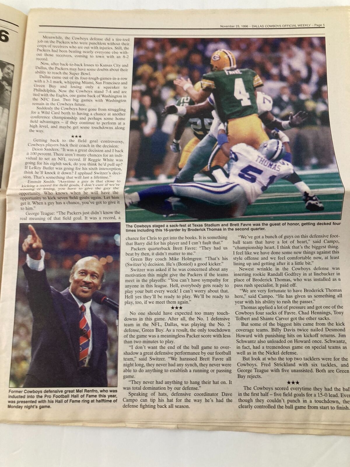 Dallas Cowboys Weekly Newspaper November 23 1996 Vol 22 #24 Carver Sacks Favre