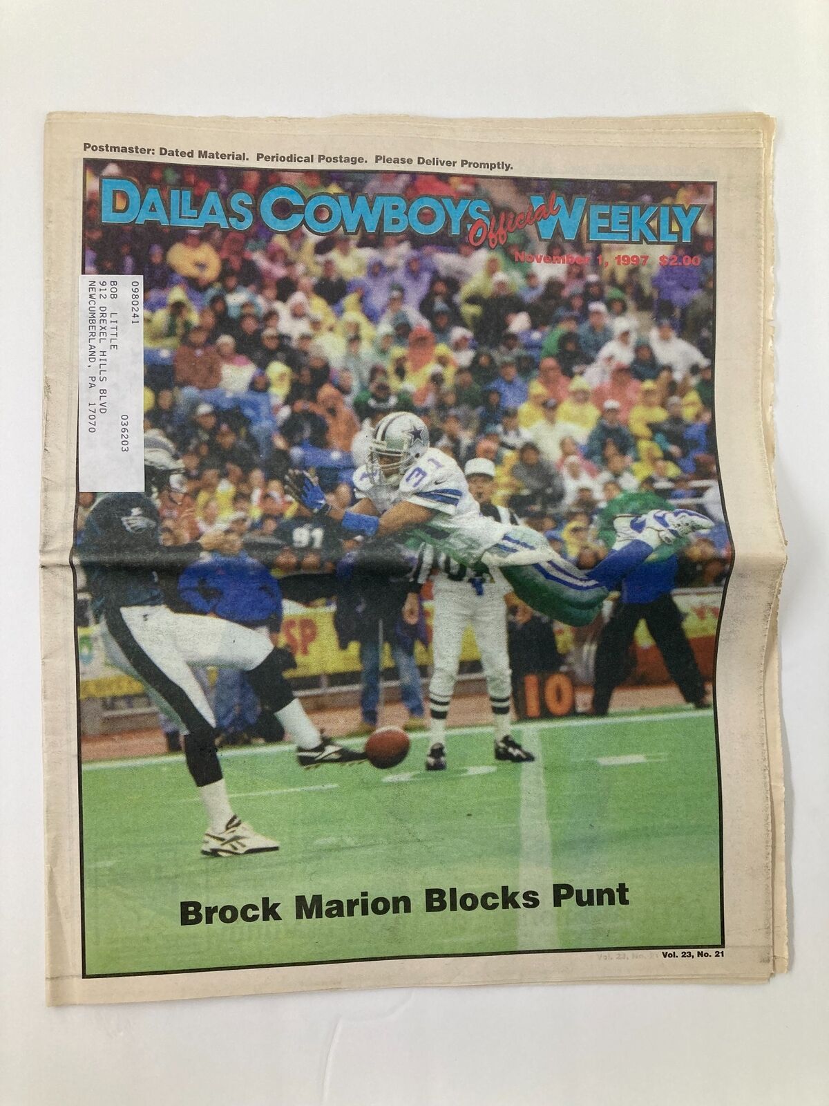 Dallas Cowboys Weekly Newspaper November 1 1997 Vol 23 #21 Brock Marion