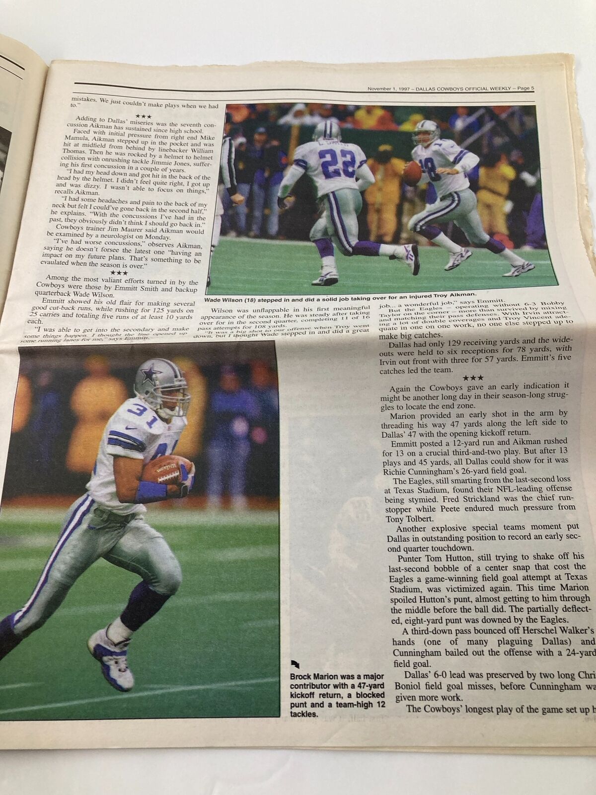 Dallas Cowboys Weekly Newspaper November 1 1997 Vol 23 #21 Brock Marion