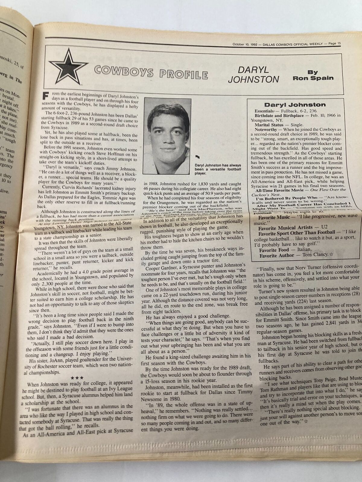 Dallas Cowboys Weekly Newspaper October 10 1992 Vol 18 #17 Daryl Johnston