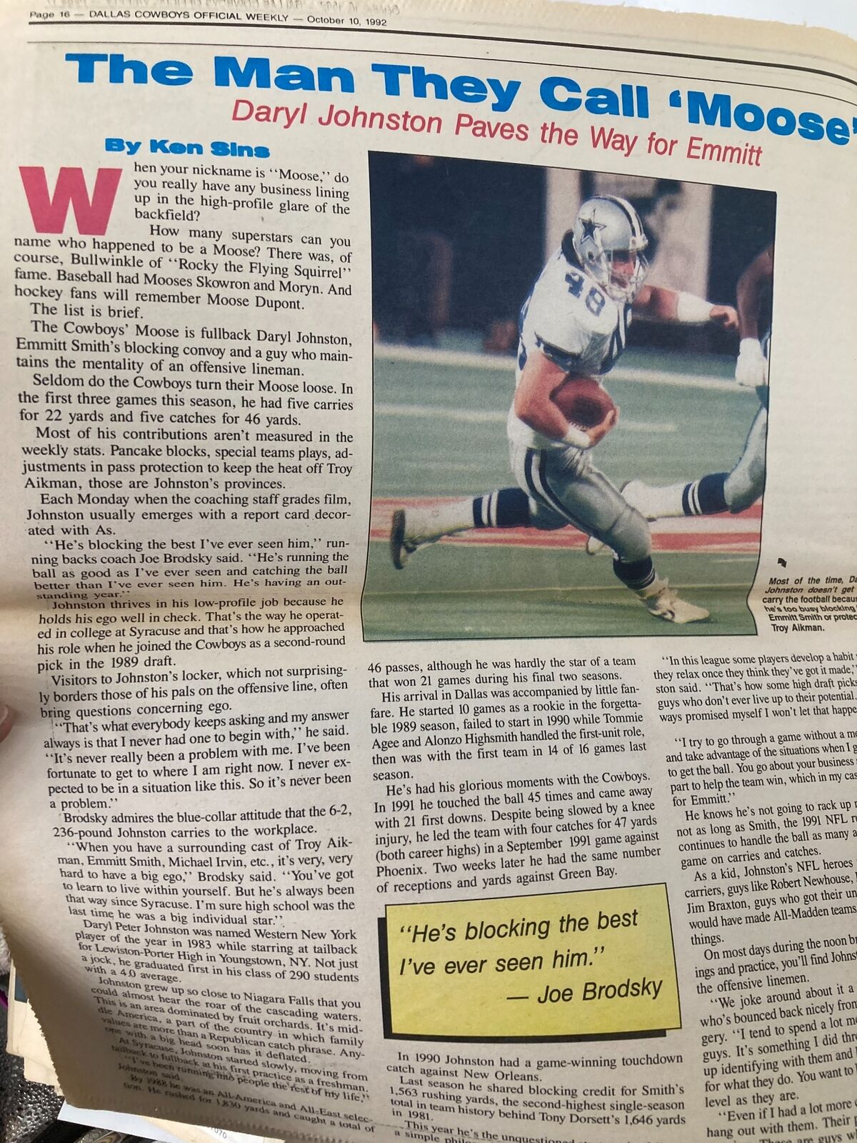 Dallas Cowboys Weekly Newspaper October 10 1992 Vol 18 #17 Daryl Johnston