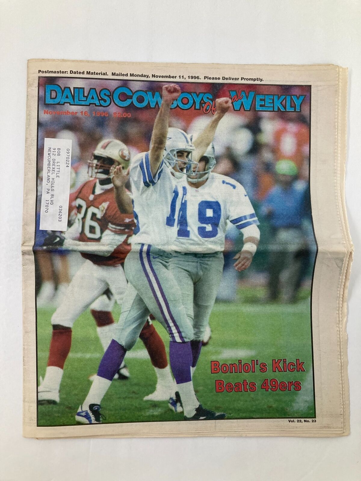 Dallas Cowboys Weekly Newspaper November 16 1996 Vol 22 #23 Chris Boniol