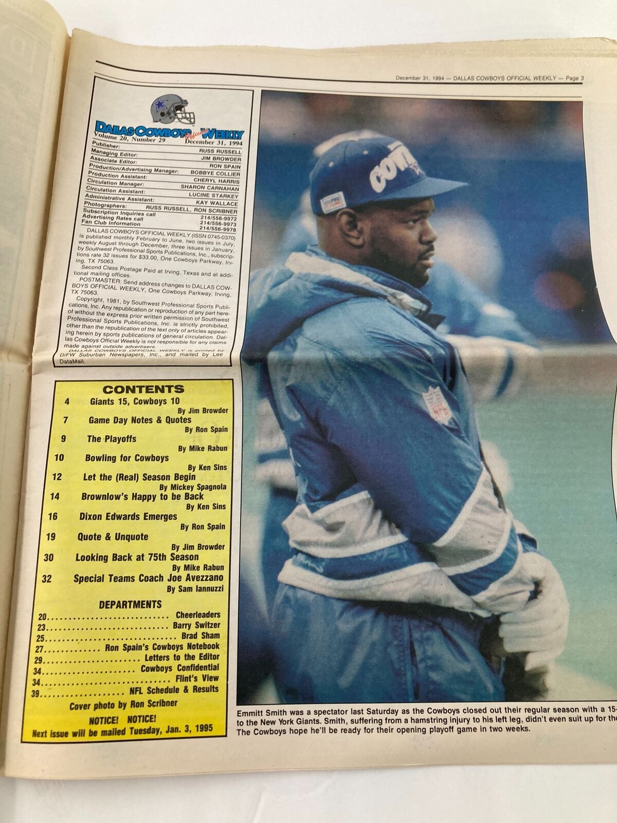 Dallas Cowboys Weekly Newspaper December 31 1994 Vol 20 #29 Emmitt Smith