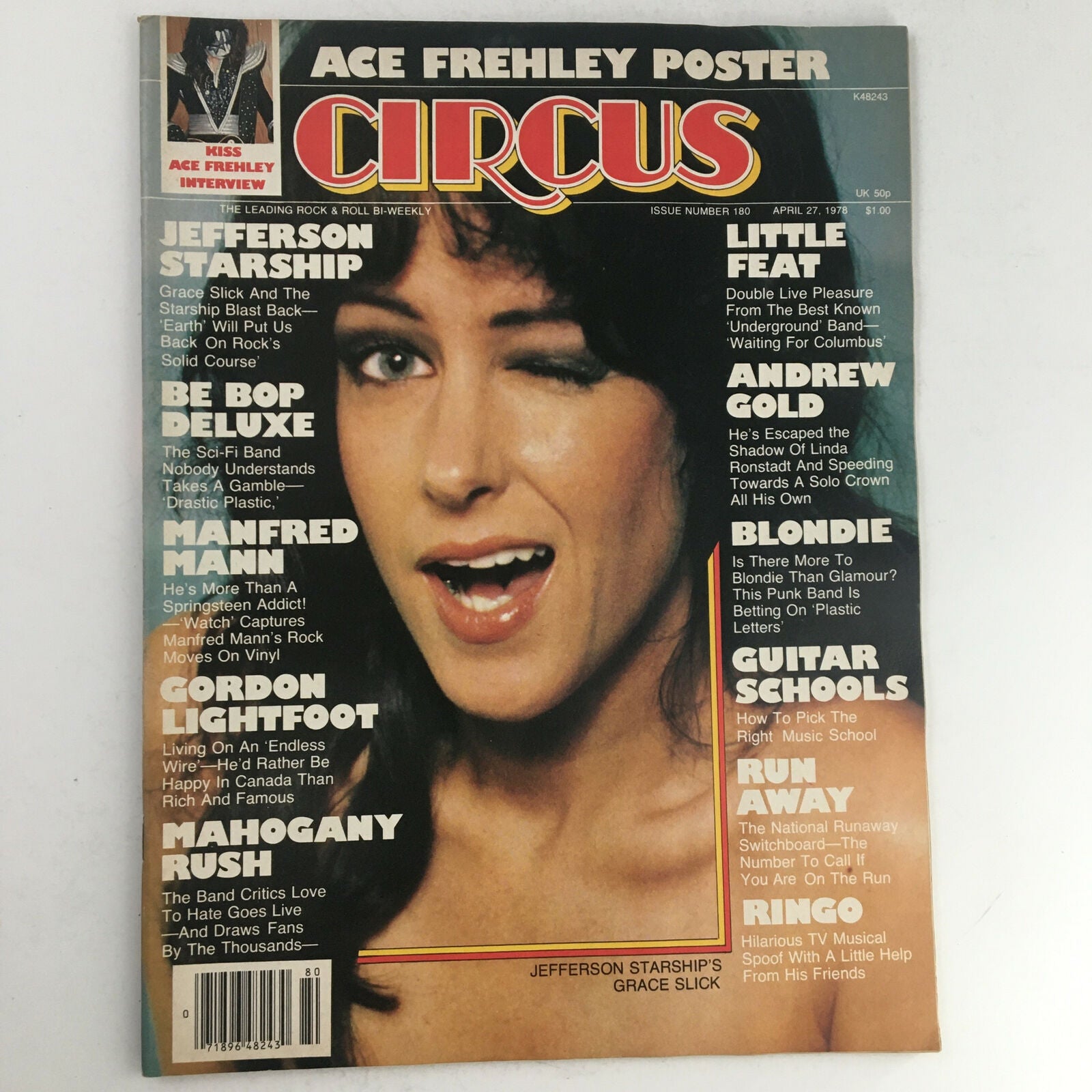 Circus Magazine April 27 1978 Grace Slick & Kiss' Ace Frehley Poster No Label