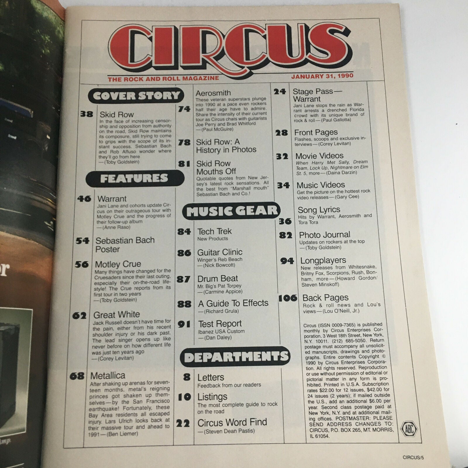 Circus Magazine January 31 1990 Steven Tyler & Sebastian Bach Poster No Label